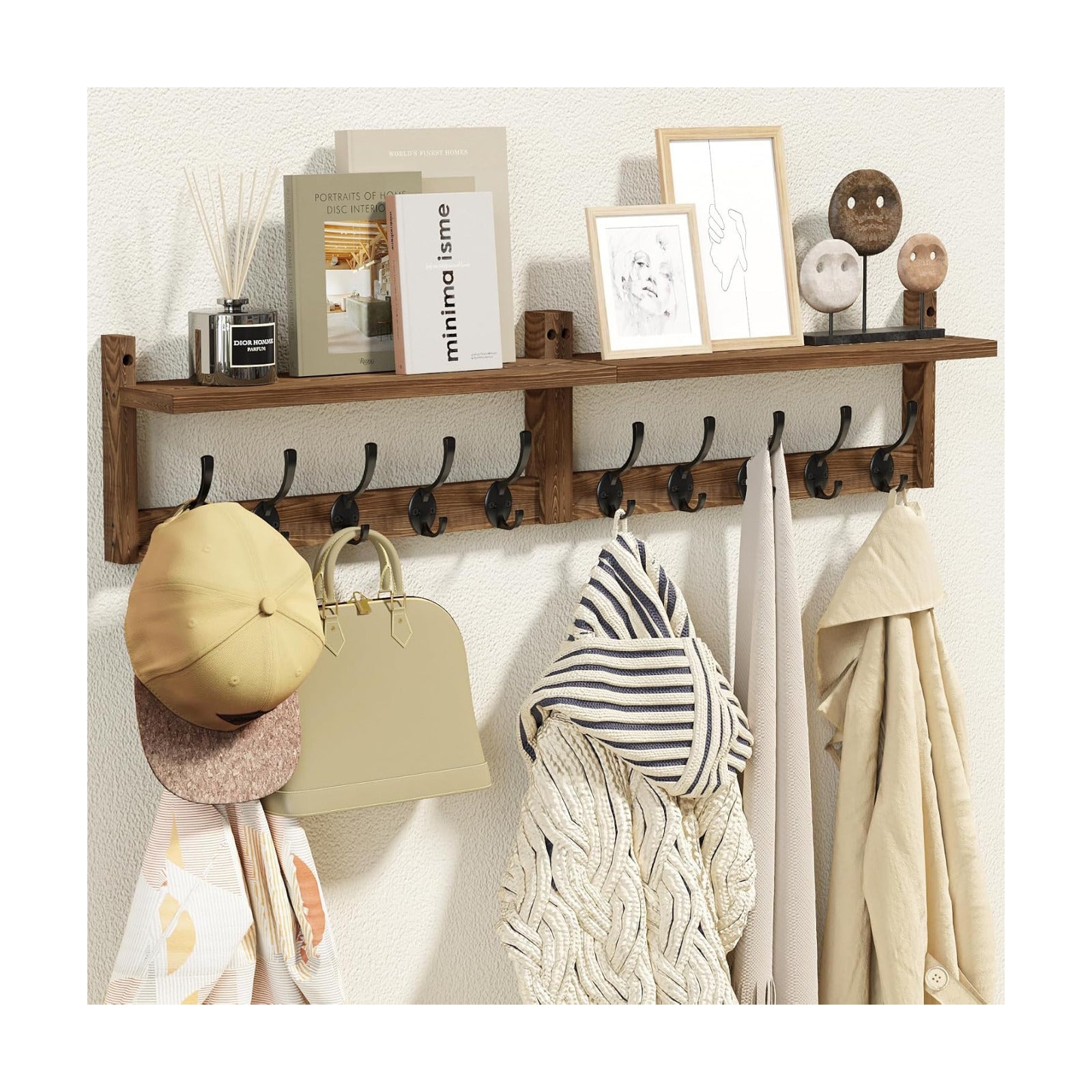 AMBIRD 34.2 inch Wooden Extra-Long Wall Hook Rack with Shelf - Versatile and Decorative Wall-Mounted Storage - 10 Hooks