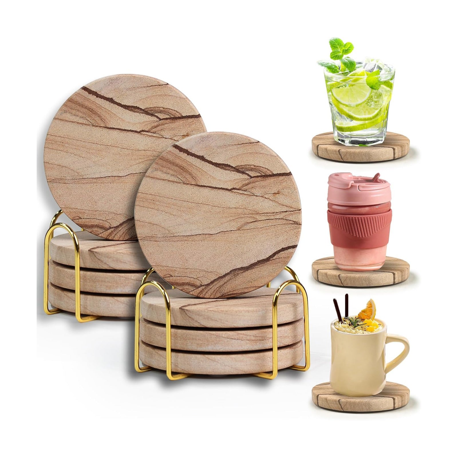 in Dia Drink Coasters / with Holder / Natural / 4 Inch / Set of 8