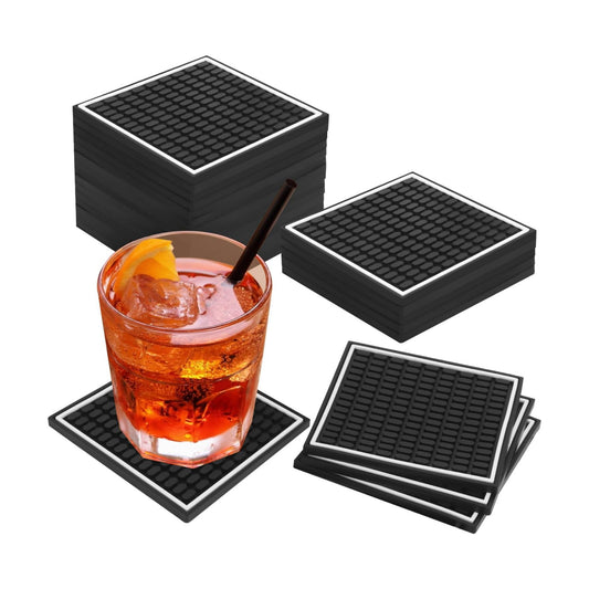 Holder / Black Rubber Coasters / 4 x 4 / Inch Square Black / Set of 24