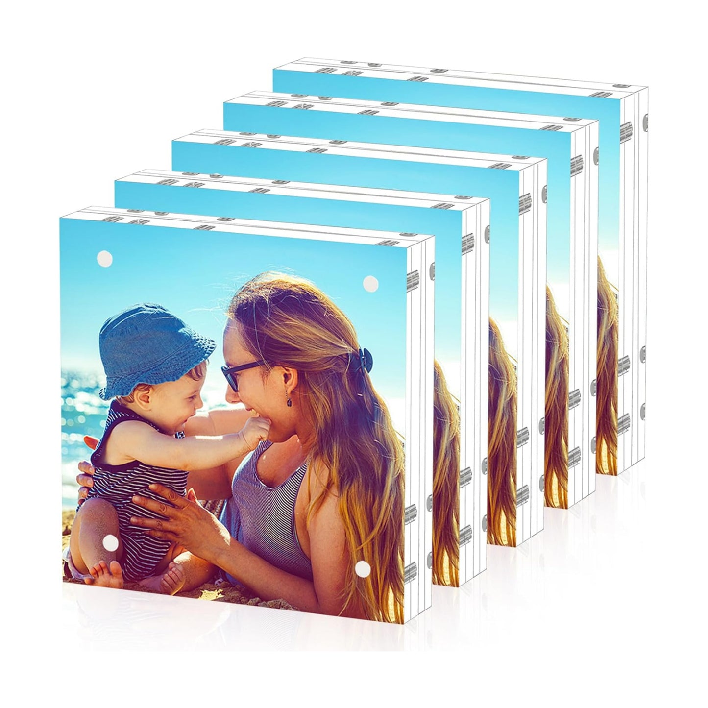 HELPLEX Acrylic Frame, 5 Pack 5x5 Acrylic Picture Frames, 20mm Thicker Frameless Clear Double Sided Magnetic Frame