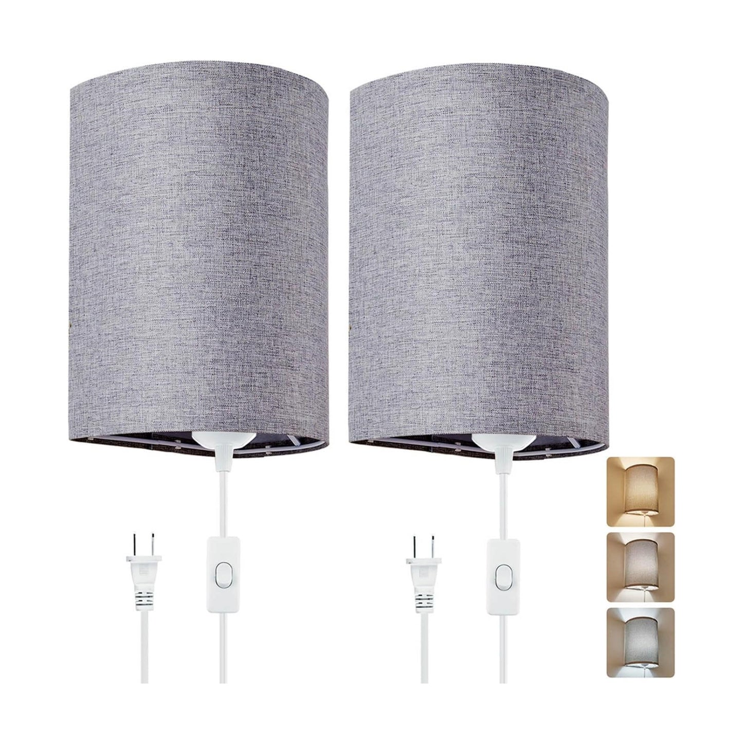Wall Sconces Set of 2, Plug in Wall Sconces with On/Off Switch, 3-Color Selectable (3000K/4000K/6000K), Fabric Linen
