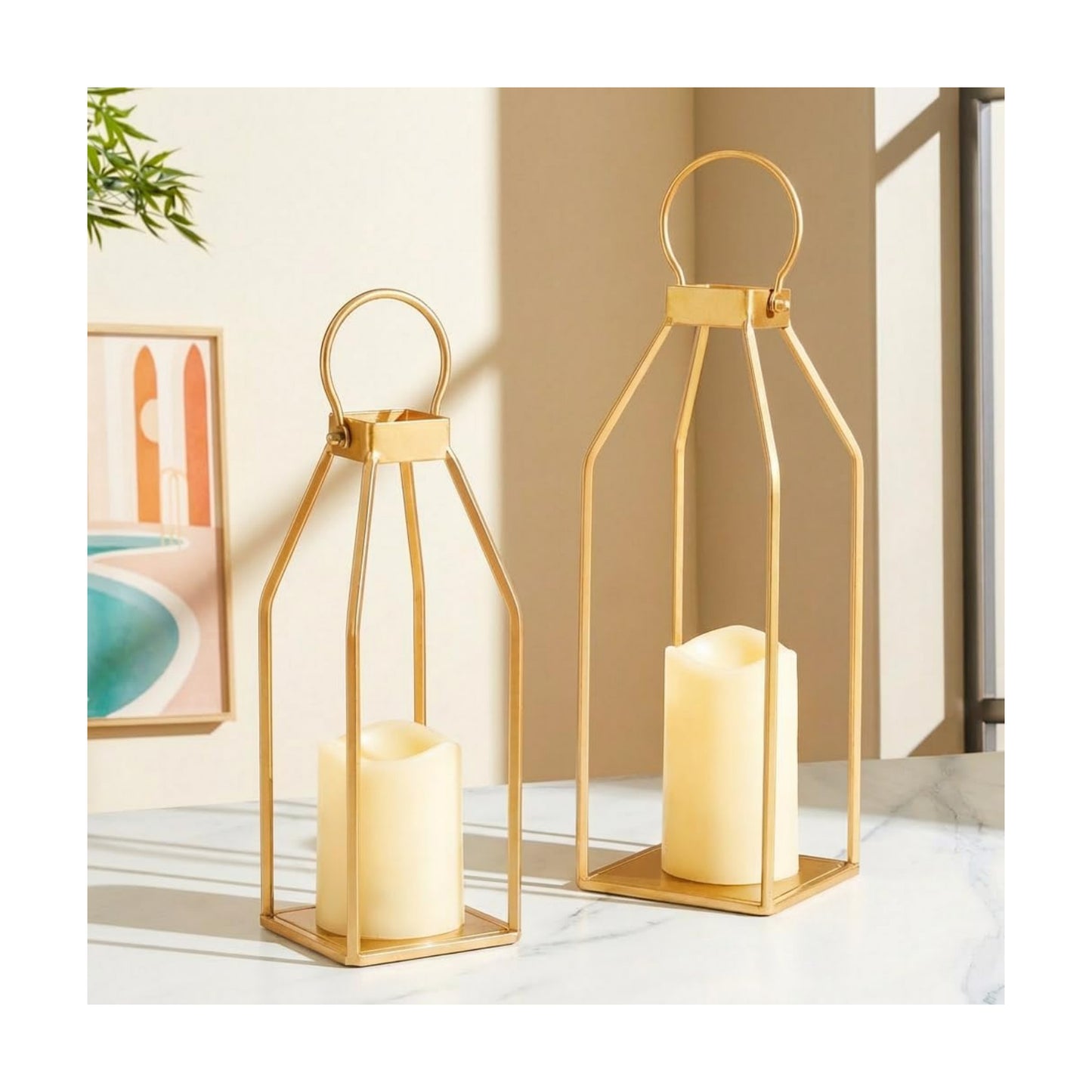 Perfnique Modern Farmhouse Lantern Decor, 15'' 12.6'' Set of 2 Gold Metal Lanterns, 2 LED 6hr Timer Flameless Candles ＆