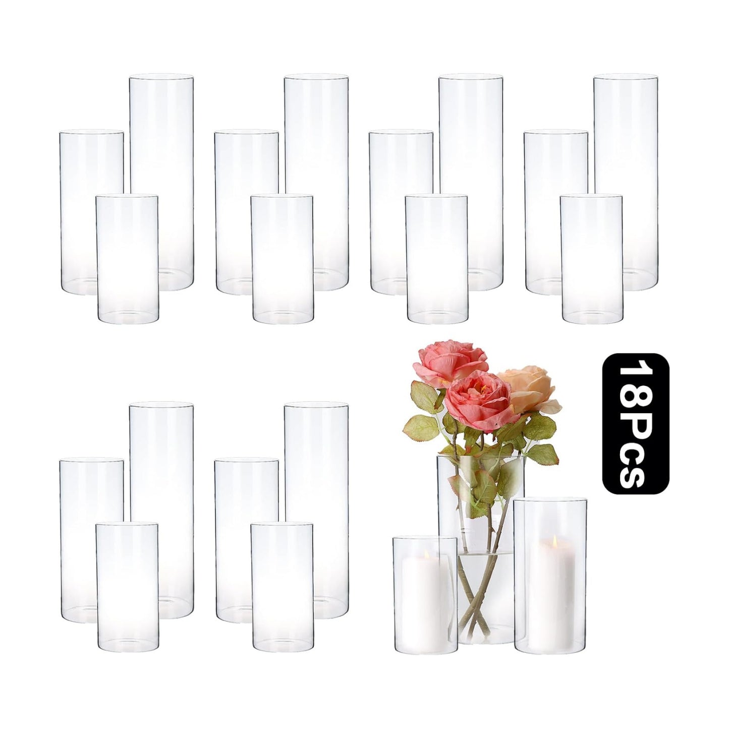 PHOSPHOR Hurricand Candle Holder 18 PCS, Glass Pillar Candle Holder, Clear Glass Cylinder Candleholder Glass Cylinder