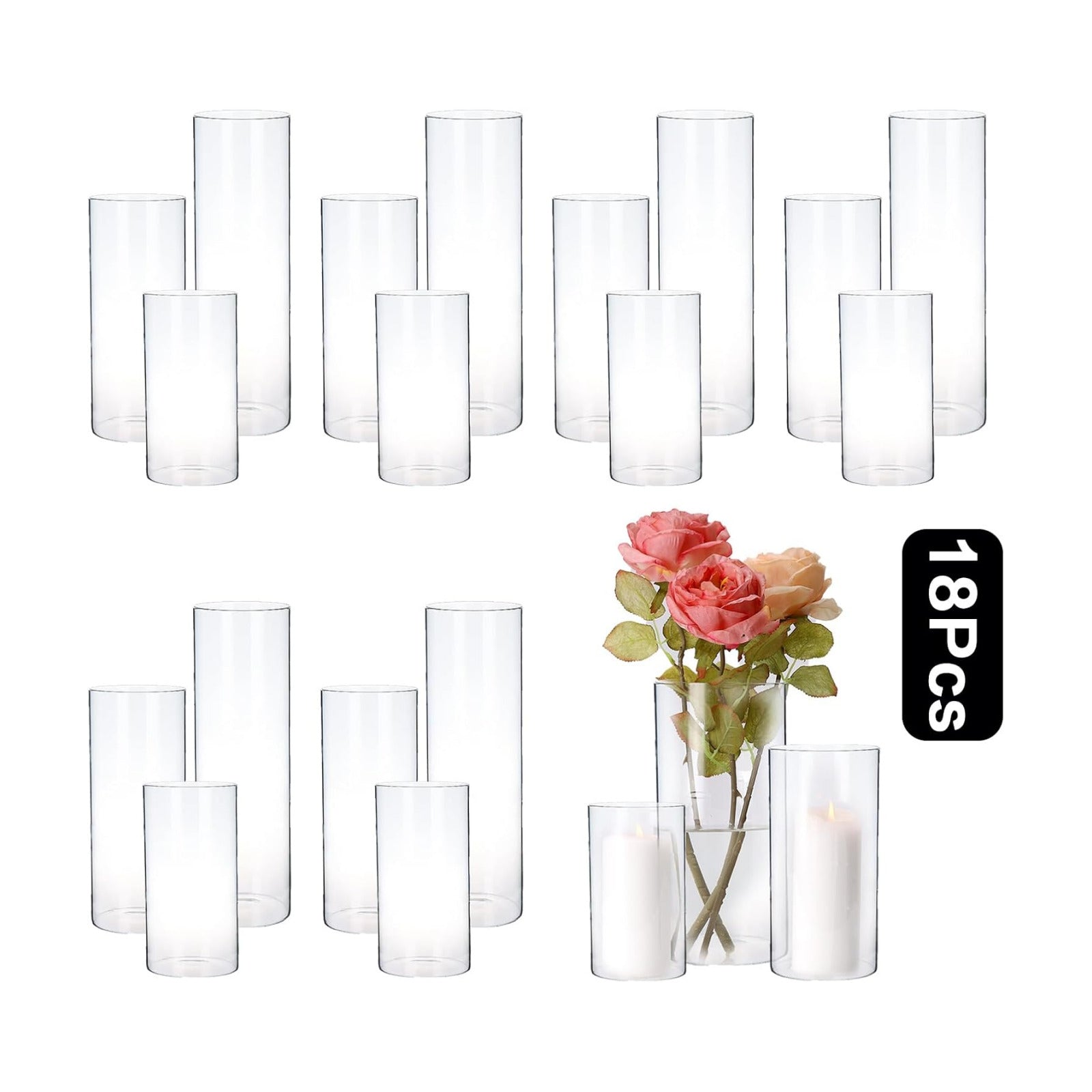 PHOSPHOR Hurricand Candle Holder 18 PCS, Glass Pillar Candle Holder, Clear Glass Cylinder Candleholder Glass Cylinder