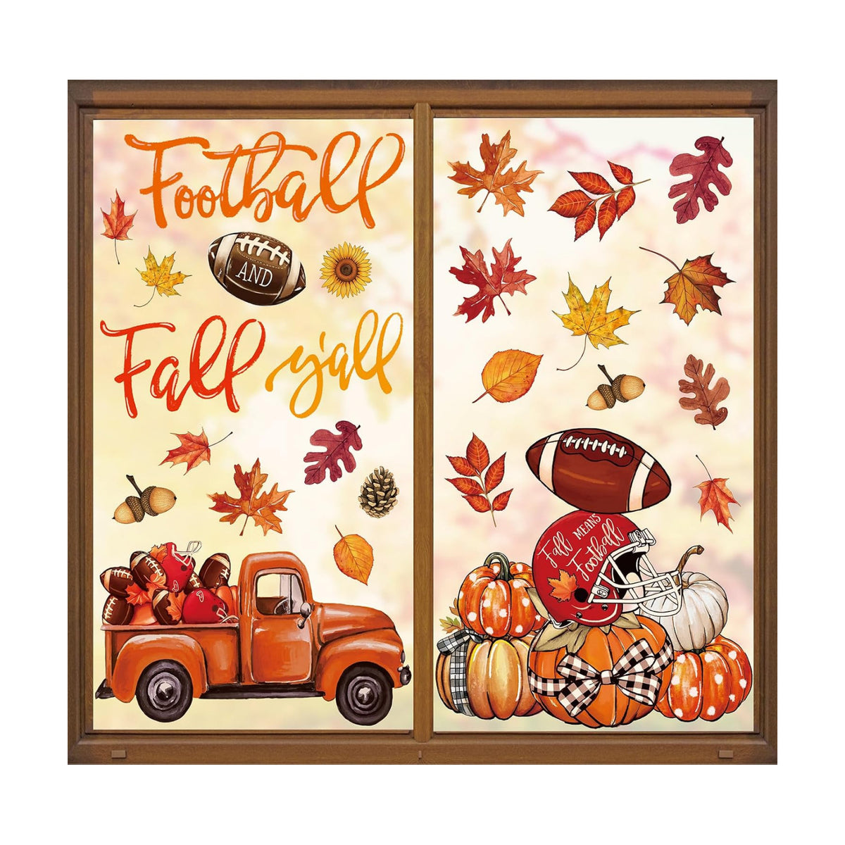 Whaline 6 Sheet Fall Football Window Clings Fall Y'all Reusable Window Decals Maple Leaves Pumpkin Truck Glass Sticker for Autumn Thanksgiving School Office Supplies Home Decor