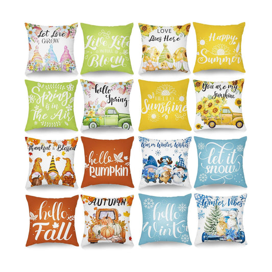 GlikCeil 16 Set Seasonal Pillow Covers 18 x 18 Inch Winter Throw Pillow Covers Winter Gnome Holiday Throw Pillowcase Let It Snow Decorative Cushion Case Sofa for Farmhouse Holiday Home Sofa Decor