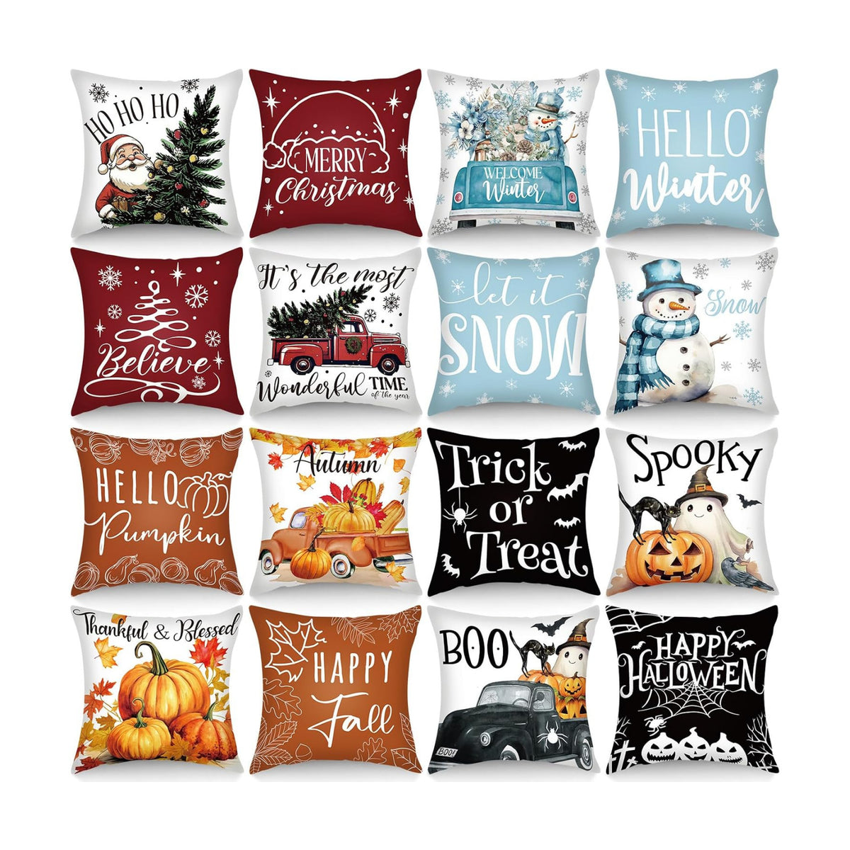 GlikCeil Set of 16 Winter Pillow Covers 18 x 18 Inch Seasonal Throw Pillow Covers Christmas Holiday Pillowcases Decorative Cushion Pillowcases for Farmhouse Home Couch Sofa Decor
