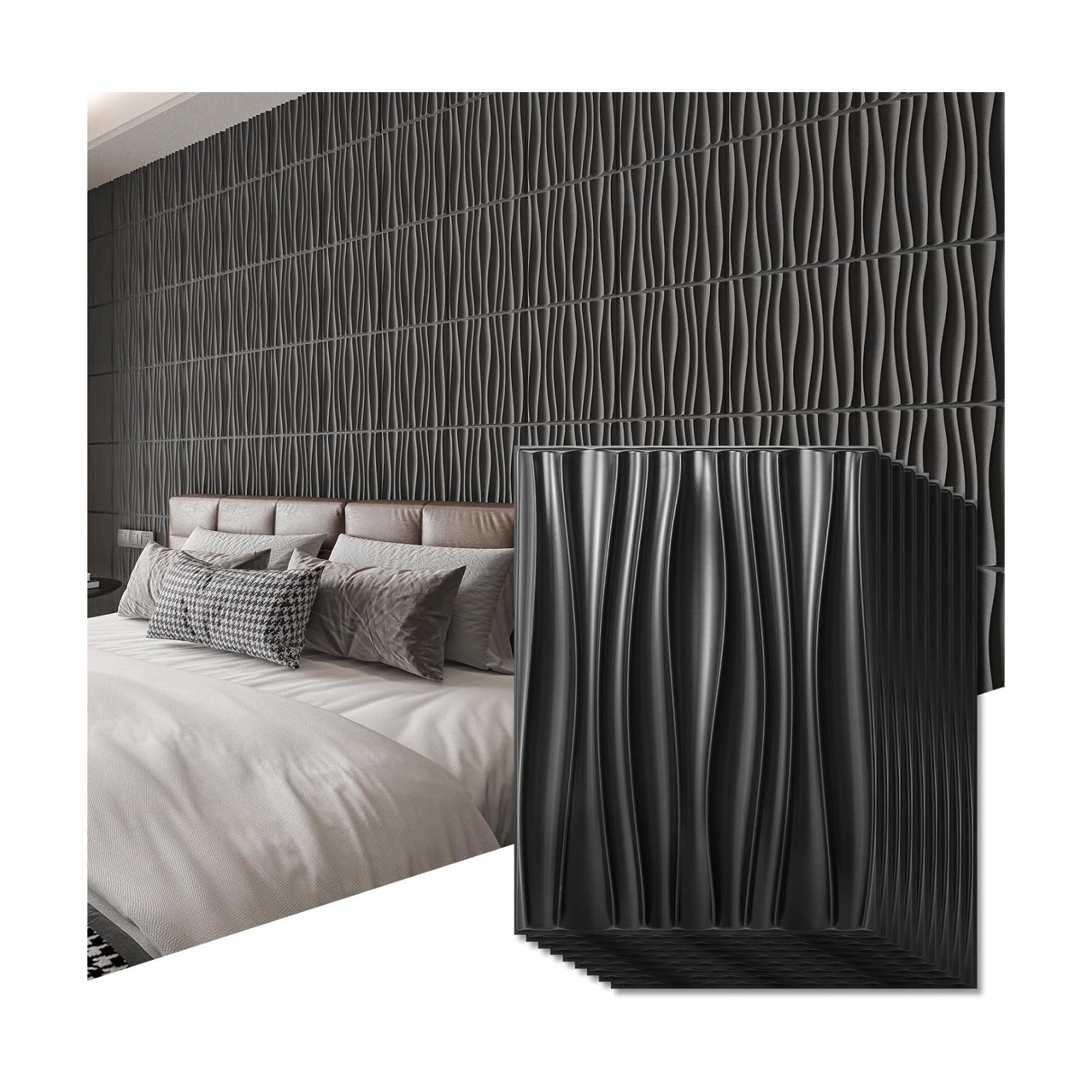 Art3d PVC Wavy Textured 3D Wall Panels, 15.7 x 11.8 Inch, 24-Pack, Black | PVC, Waterproof, Featherlight, Scratch