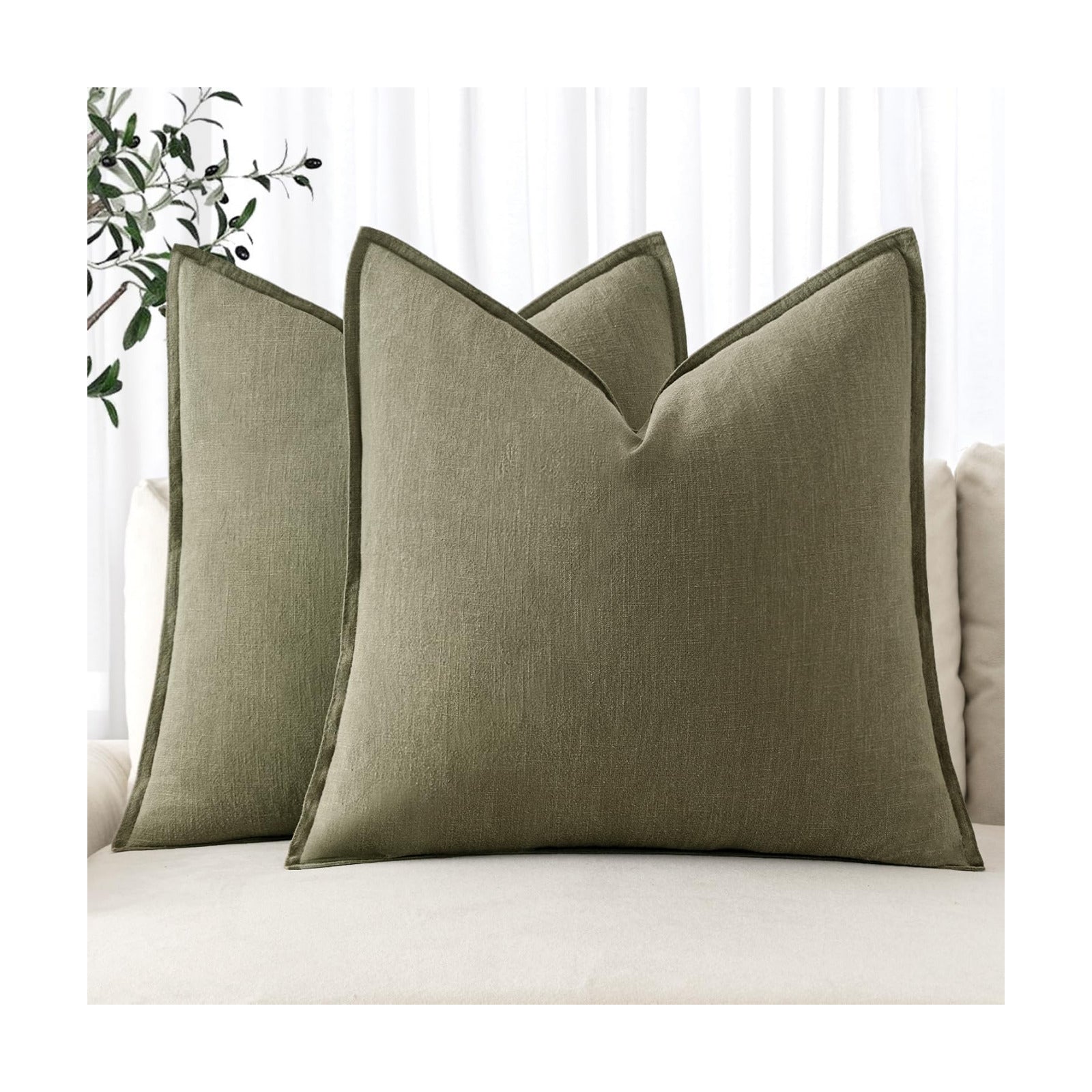 Decorative Linen Pillow Covers ​Boho Farmhouse​ ​Neutral / 18 x 18 / Light Olive Green / Set of 2