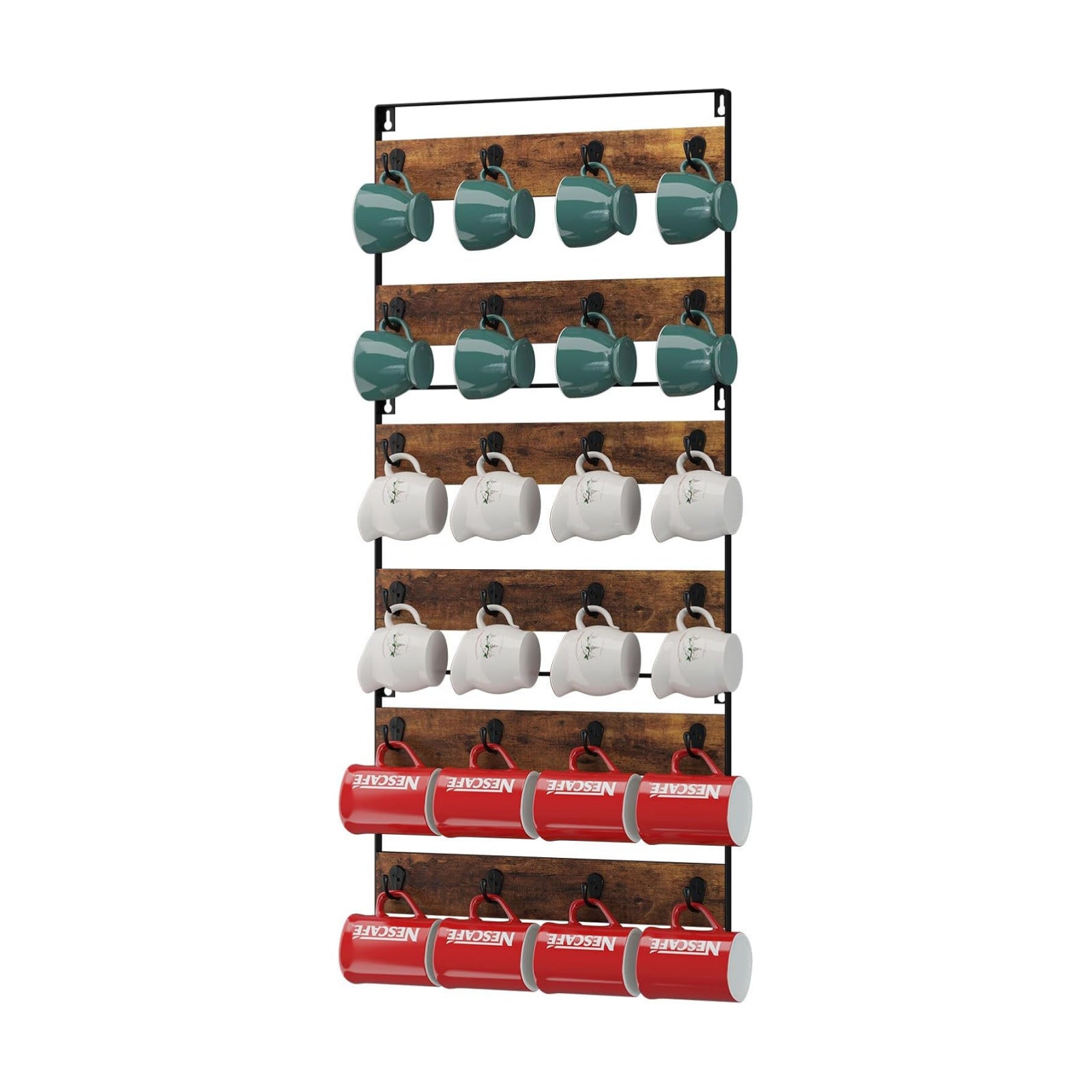 IBUYKE Coffee Mug Holder Wall Mounted,Set of 3,24 Hooks,Brown TBJ005H-3 | Mug Racks for Wall Rustic Wood Coffee Mug