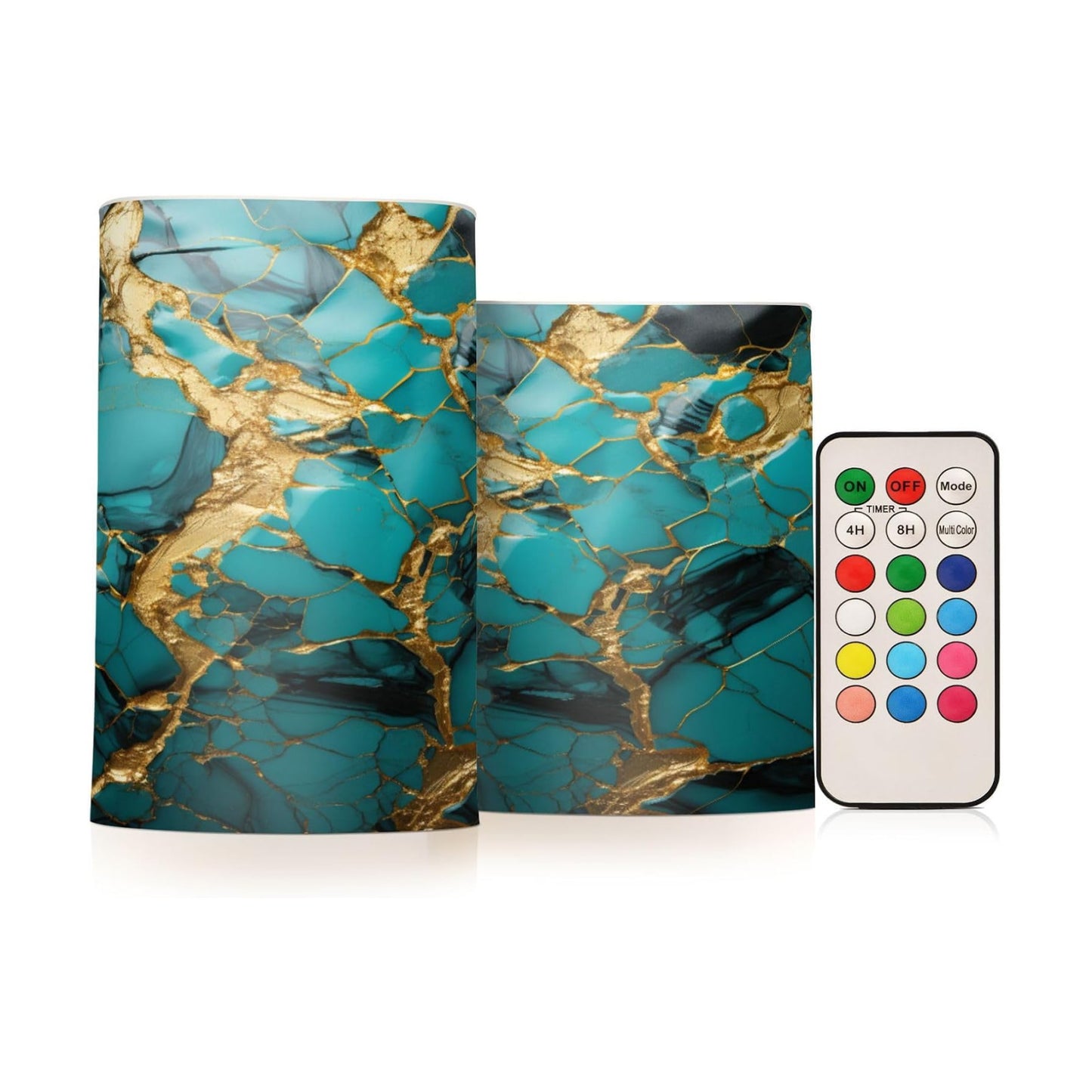 Flickering Flameless Candles, Turquoise Golden Marble LED Candles with Remote Timer, Set of 2 Battery Operated Candle