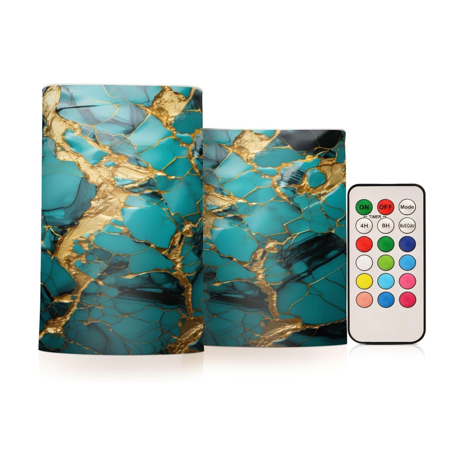 Flickering Flameless Candles, Turquoise Golden Marble LED Candles with Remote Timer, Set of 2 Battery Operated Candle