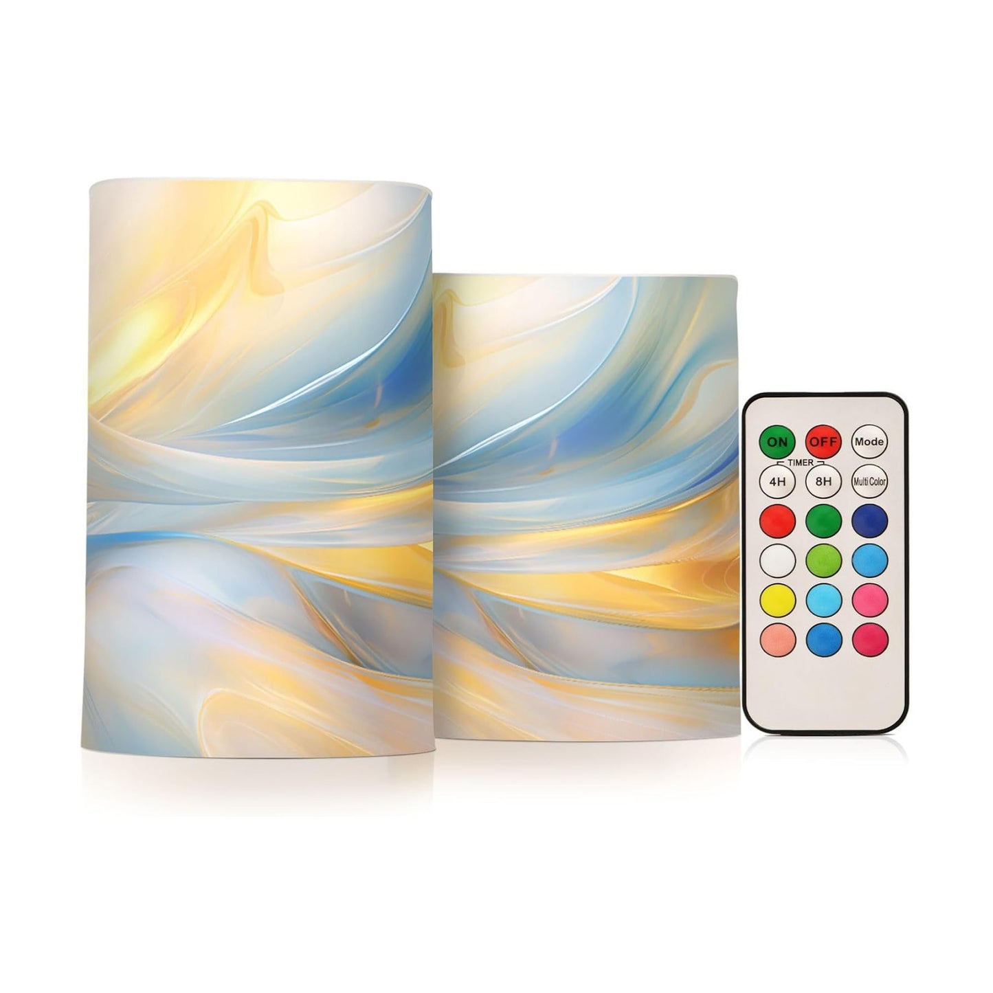 Flickering Flameless Candles, Blue Gold Marble LED Candles with Remote Timer, Set of 2 Battery Operated Candle for