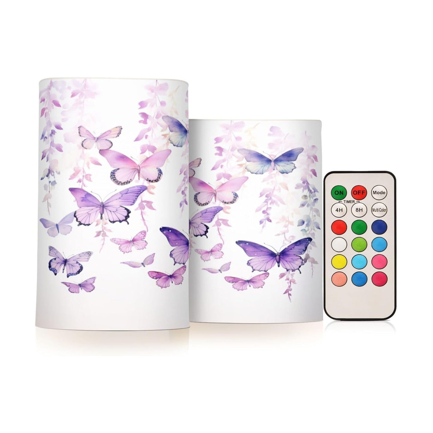 Flickering Flameless Candles, Butterflies Purple LED Candles with Remote Timer, Set of 2 Battery Operated Candle for