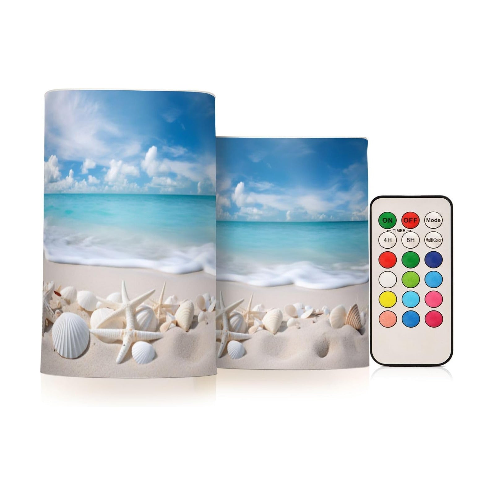 Flickering Flameless Candles, Starfishes Seashells Beach Blue Sky LED Candles with Remote Timer, Set of 2 Battery