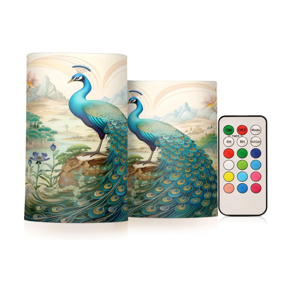 Flickering Flameless Candles, Peacock Garden LED Candles with Remote Timer, Set of 2 Battery Operated Candle for