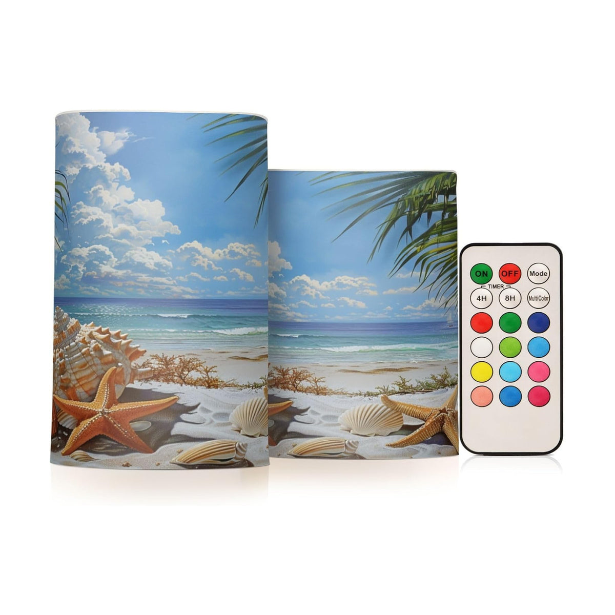 Flickering Flameless Candles, Starfish Seashell Beach Palm LED Candles with Remote Timer, Set of 2 Battery Operated