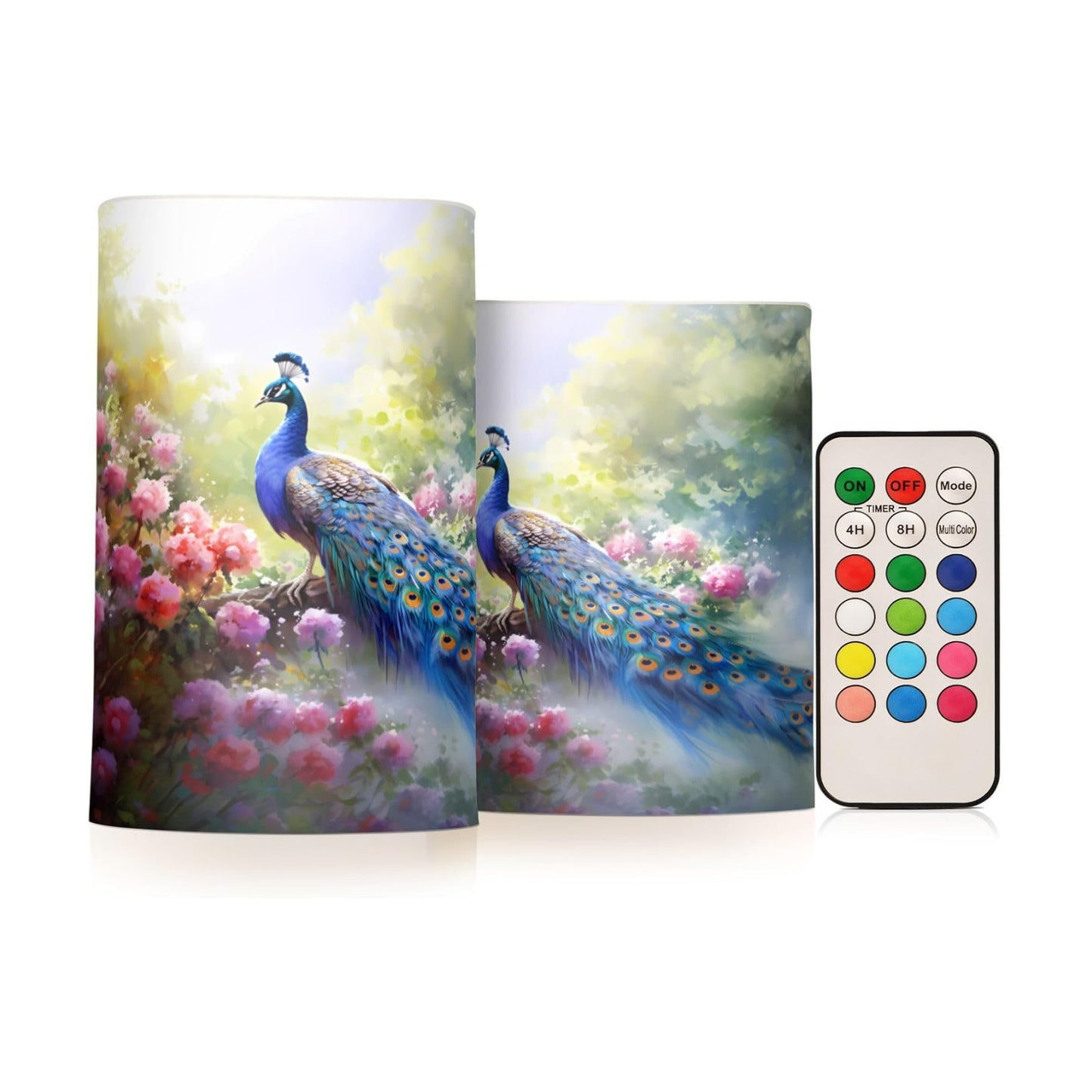 Flickering Flameless Candles, Peacock Flowers LED Candles with Remote Timer, Set of 2 Battery Operated Candle for