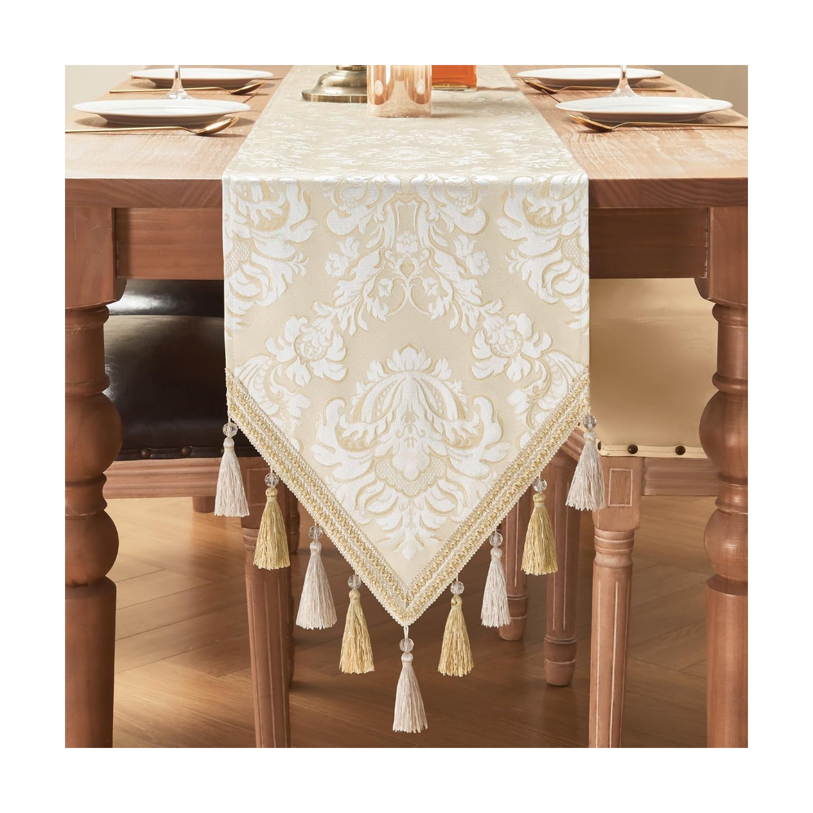 Loom and Mill Elegant Jacquard Table Runner 72 inches Long, Beige+White | Damask Floral Table Runners with Handmade