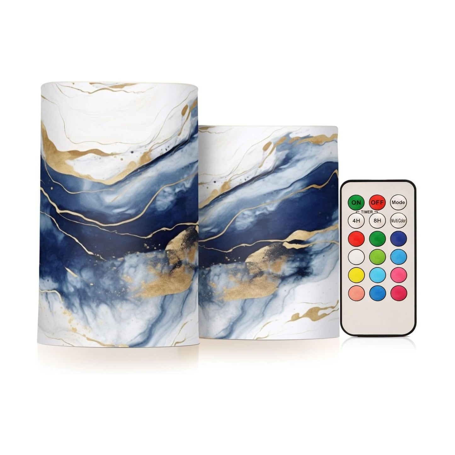 Flickering Flameless Candles, Drak Blue Golden Marble LED Candles with Remote Timer, Set of 2 Battery Operated Candle