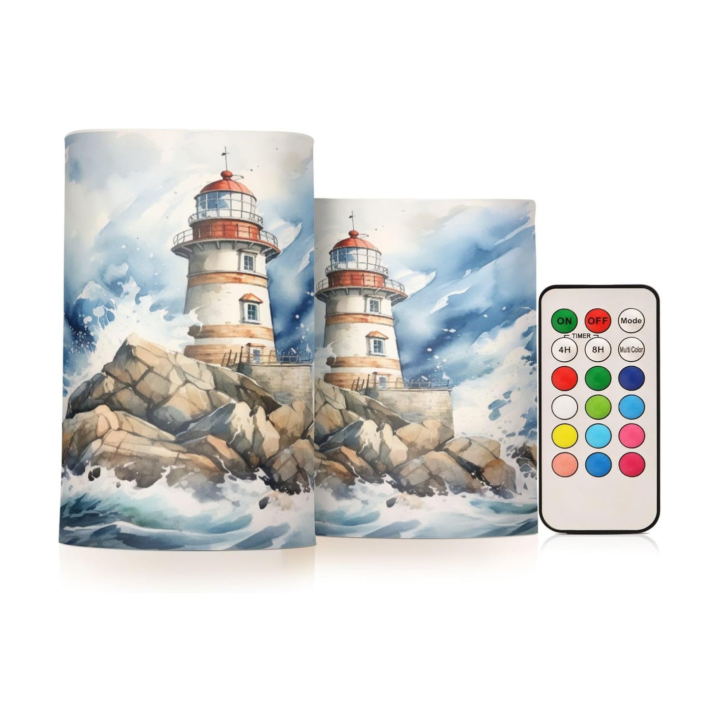 Flickering Flameless Candles, Lighthouse Ocean LED Candles with Remote Timer, Set of 2 Battery Operated Candle for