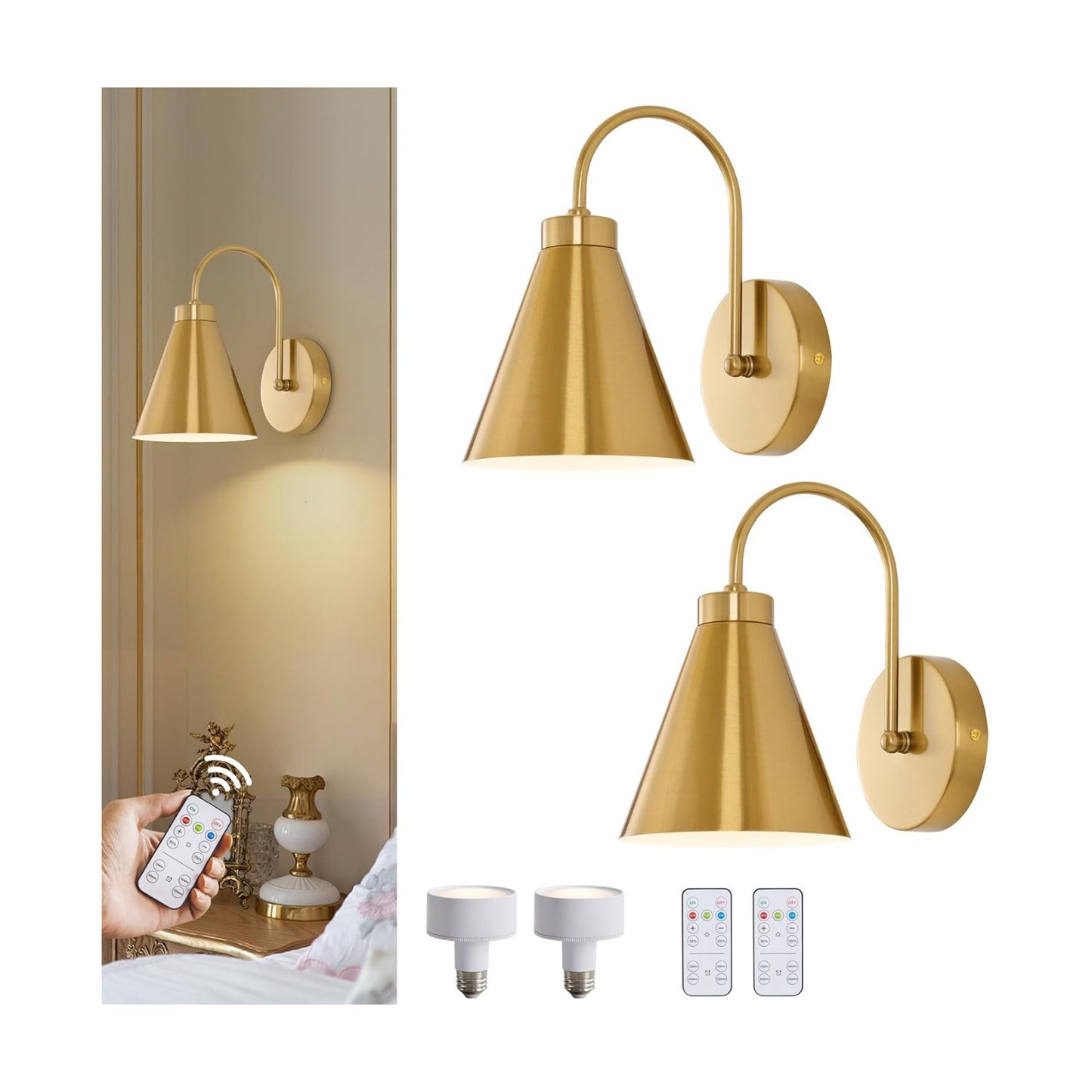 Powfloven Vintage Rechargeable Wall Sconces Set of 2, Gold Battery Operated Bedside Wall Lamps with Remote Control