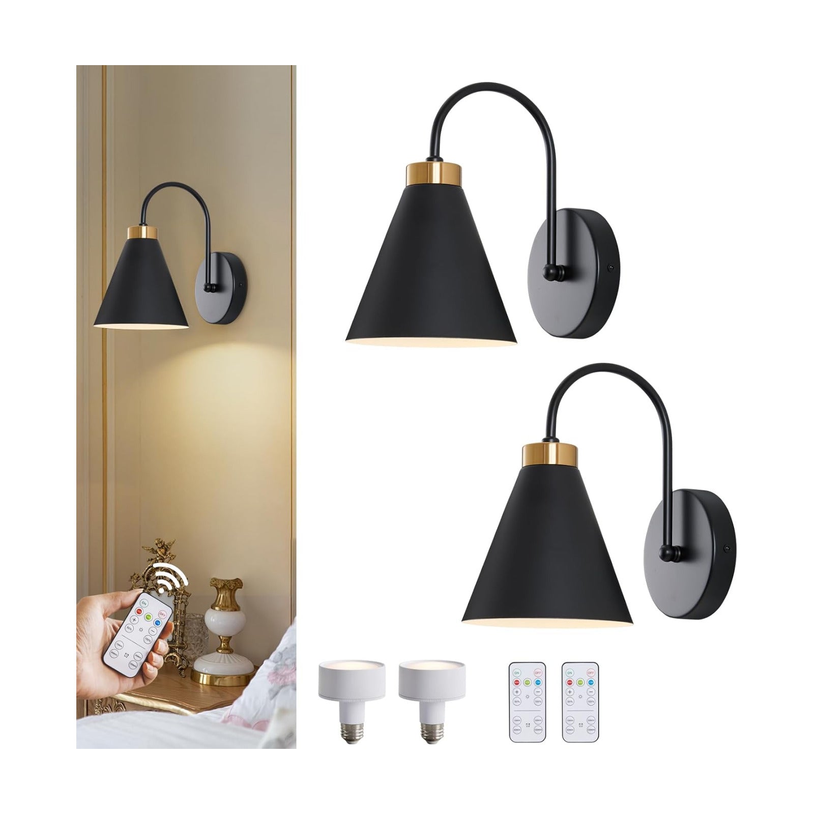 Powfloven Vintage Rechargeable Wall Sconces Set of 2, Battery Operated Bedside Wall Lamps with Remote Control, Wireless