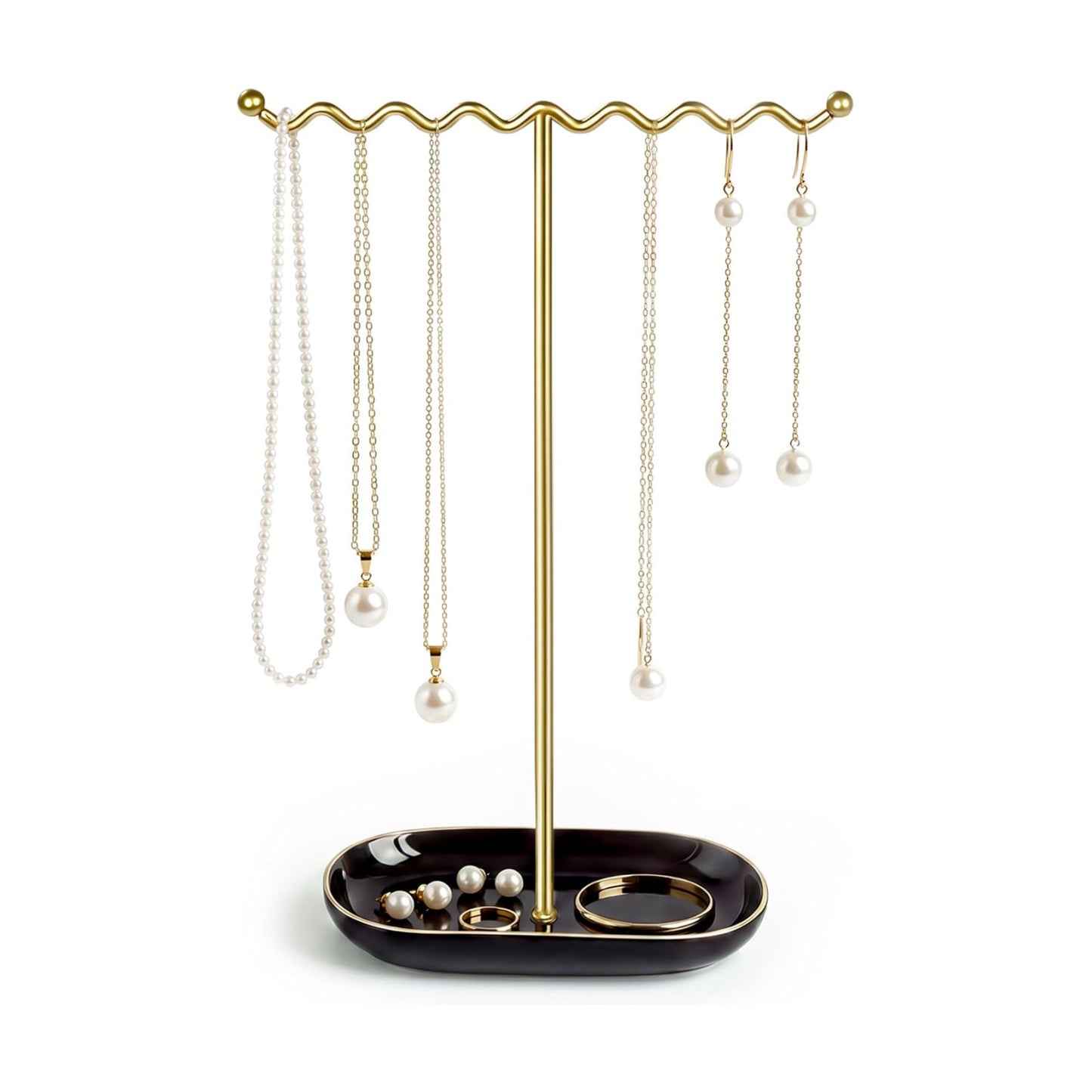 Ceramic Tray / Metal Necklace Holder Organizer for Rings Bracelets / Deluxe Black