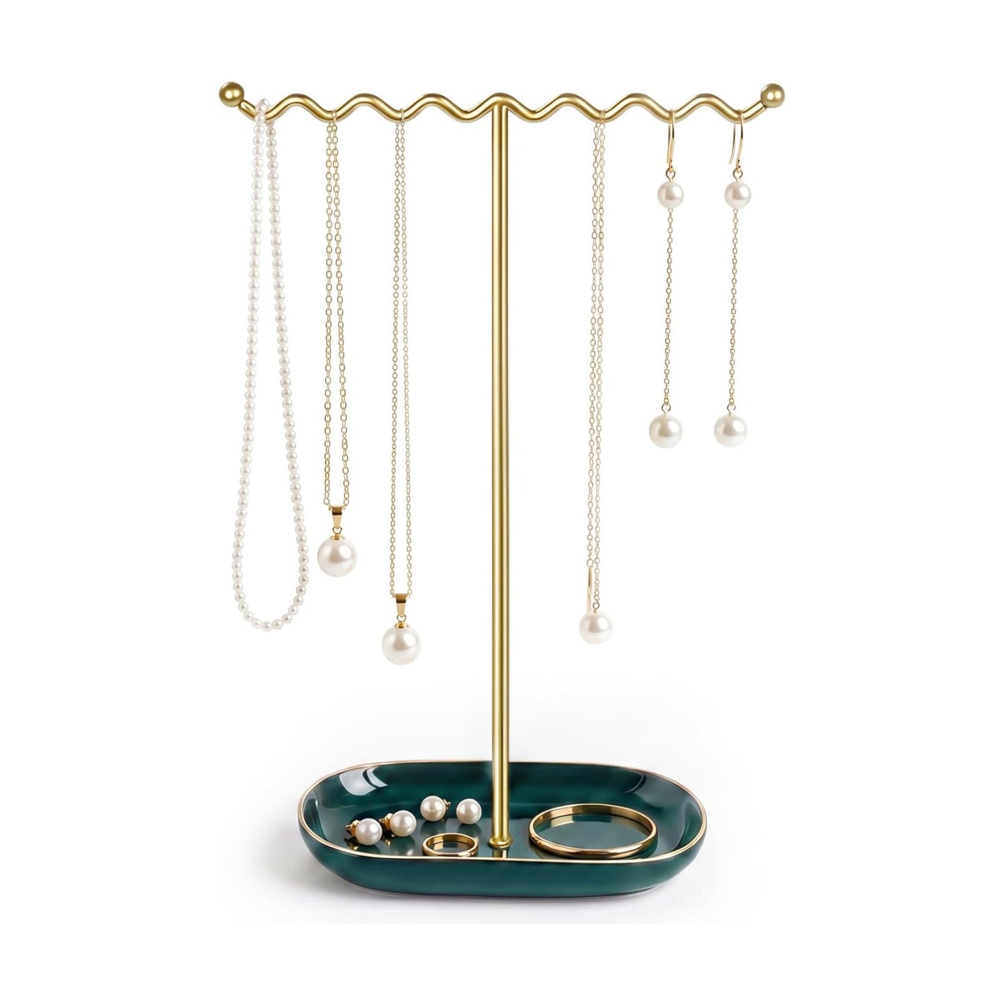 Ceramic Tray / Metal Necklace Holder Organizer for Rings Bracelets / Emerald Green