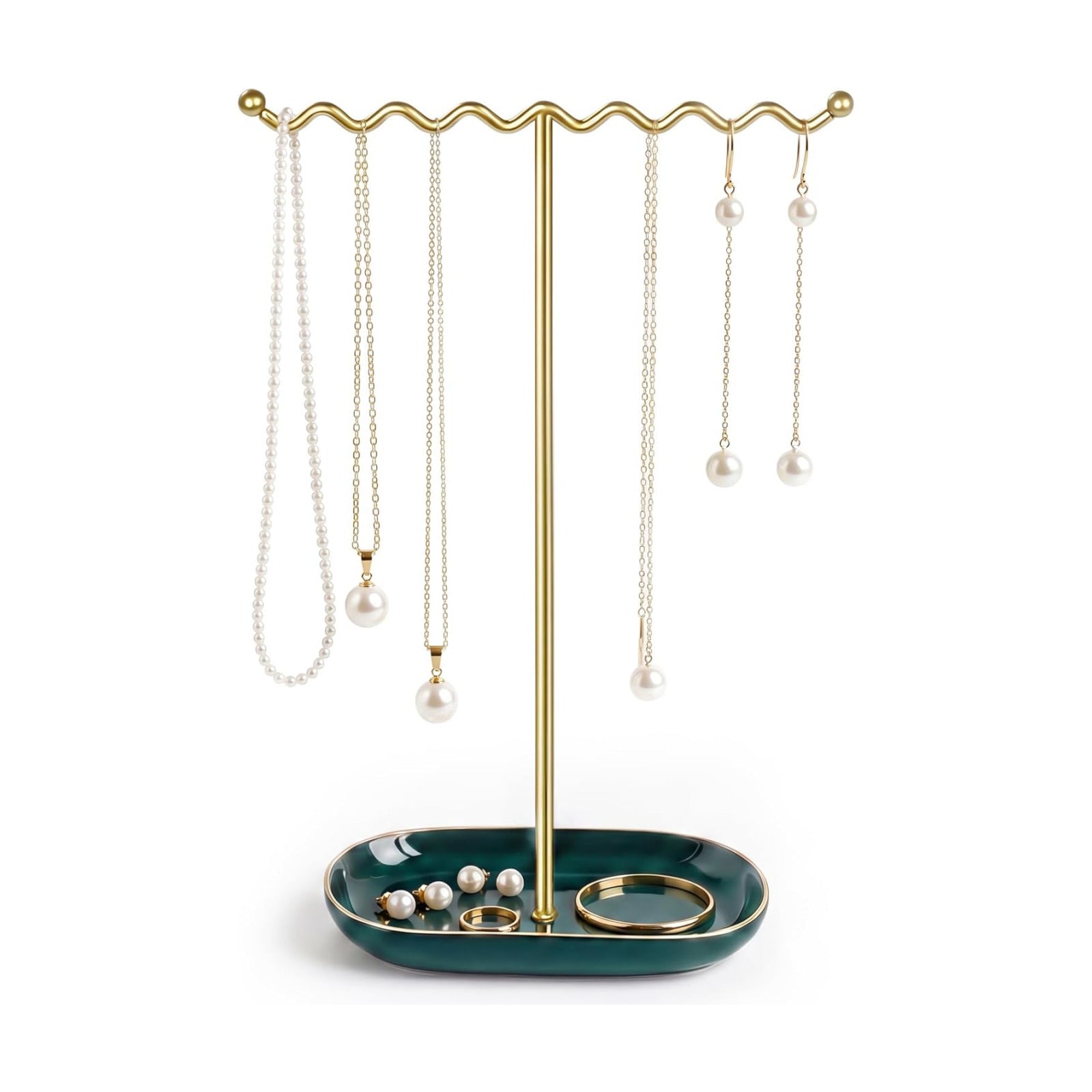 Ceramic Tray / Metal Necklace Holder Organizer for Rings Bracelets / Emerald Green