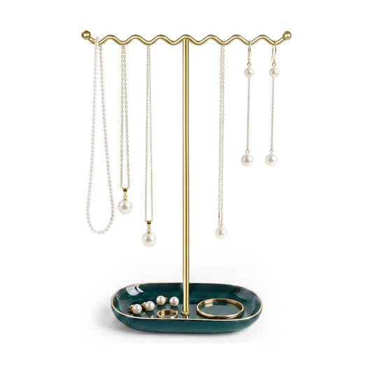 Ceramic Tray / Metal Necklace Holder Organizer for Rings Bracelets / Emerald Green