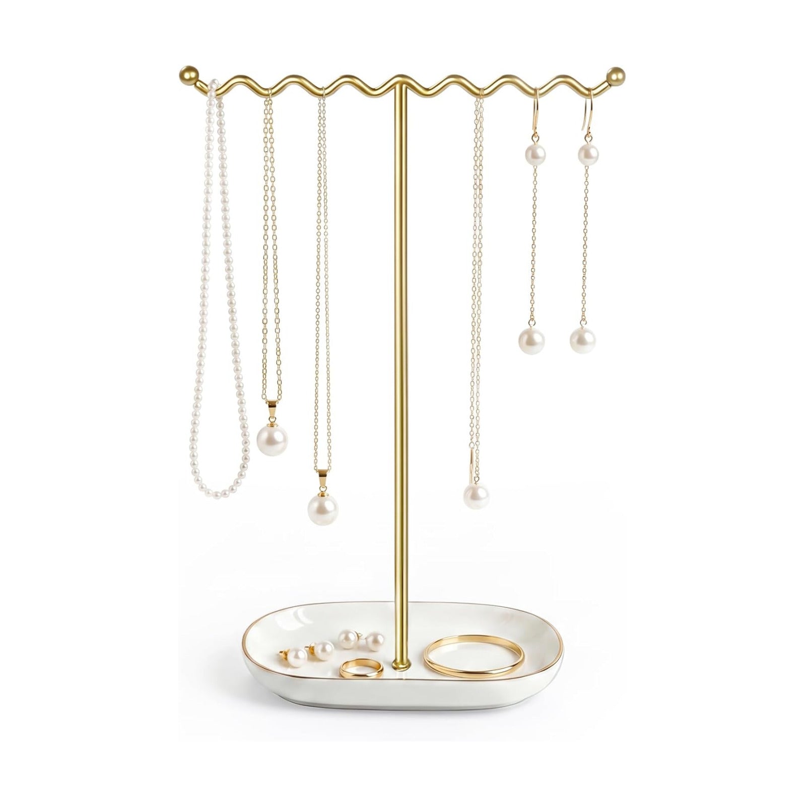Ceramic Tray / Metal Necklace Holder Organizer for Rings Bracelets / Deluxe White