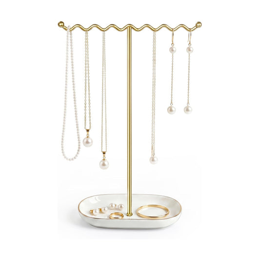 Ceramic Tray / Metal Necklace Holder Organizer for Rings Bracelets / Deluxe White