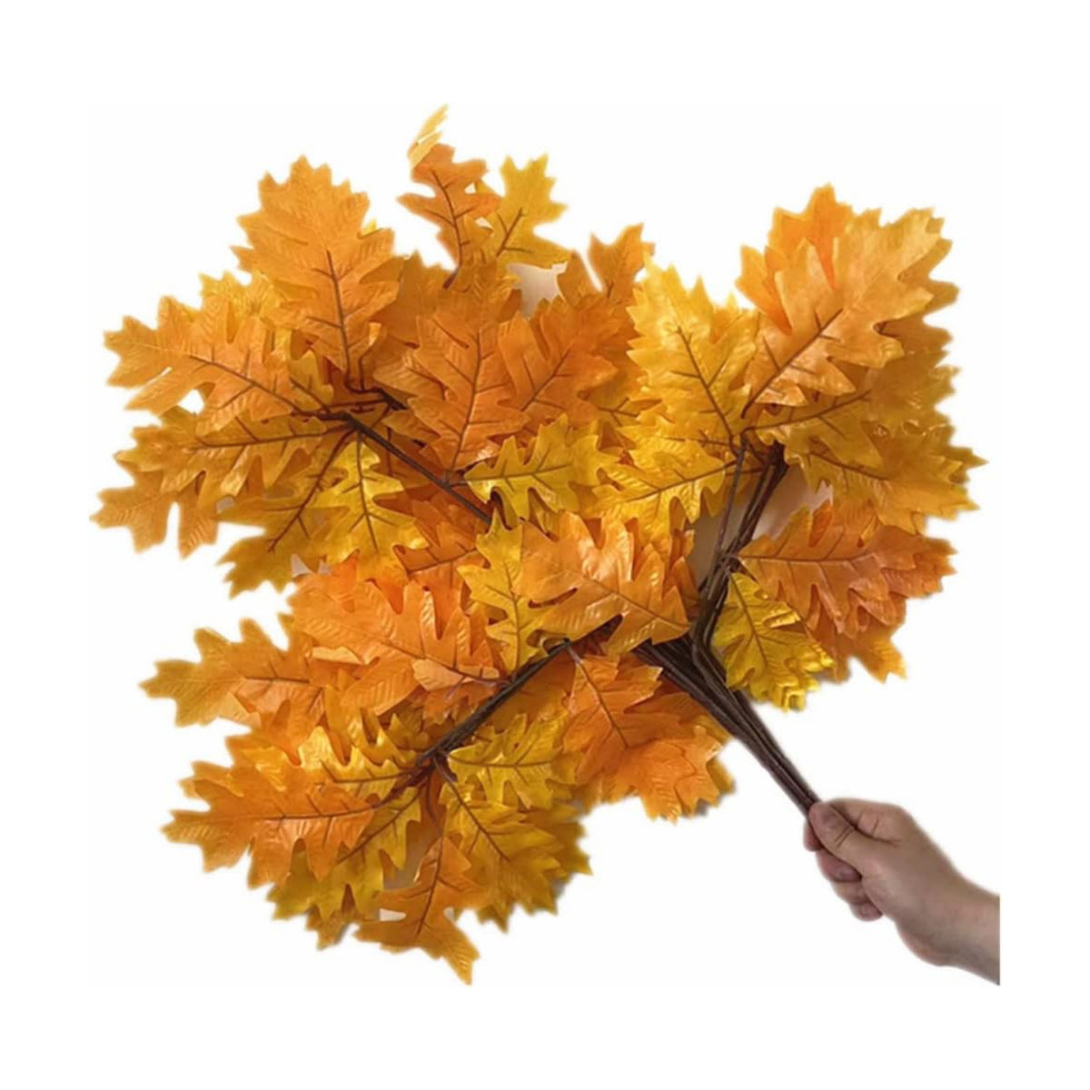 12pcs Artificial Oak Tree Branch Faux Eiche Leaf Stem Three Forks per piece for Greenery Wall Floral Decoration (Yellow)