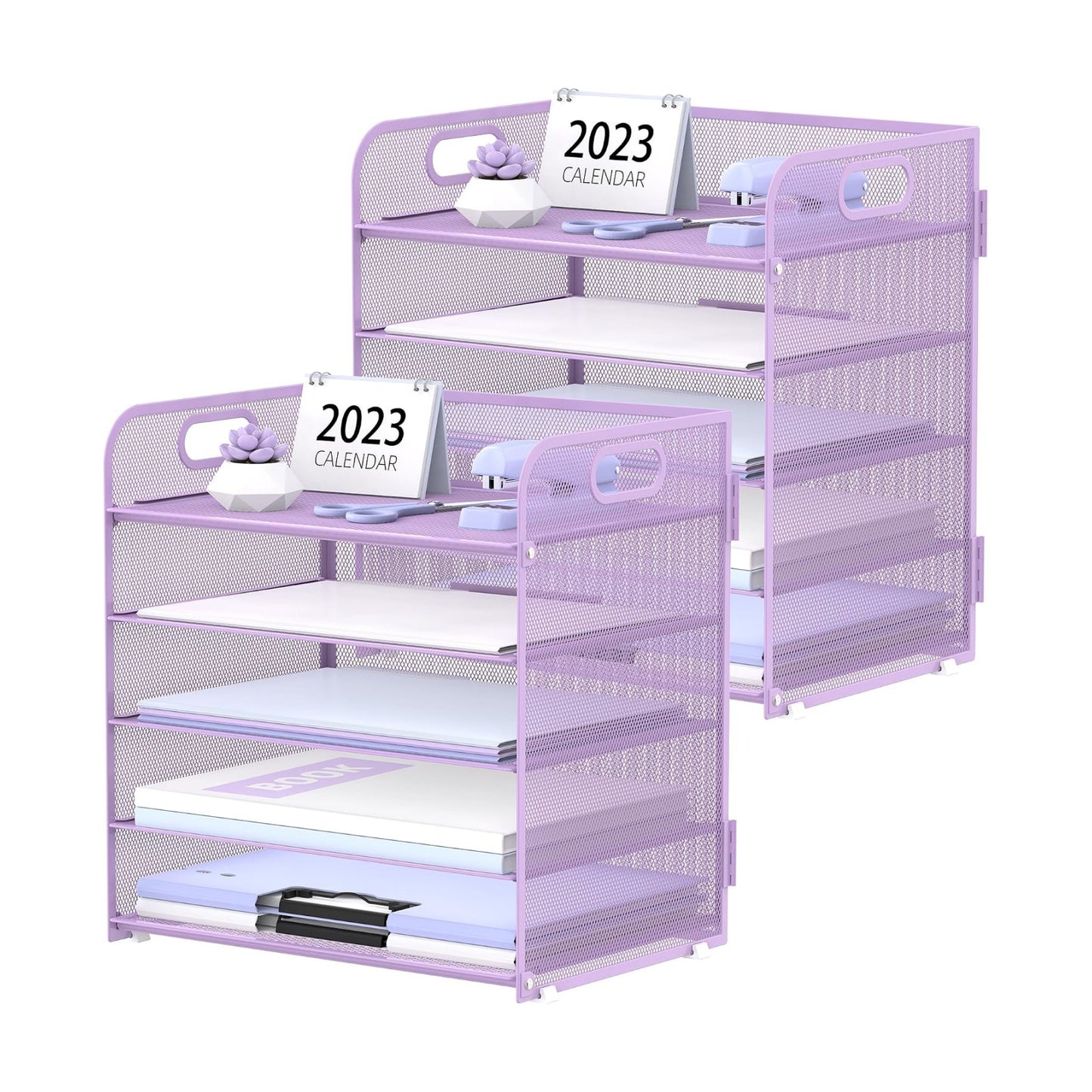 2 Pack 5-Tier Purple Desk Organizer with Handle Mesh Desk File/Paper Organizer Letter Tray for Office, School and Home