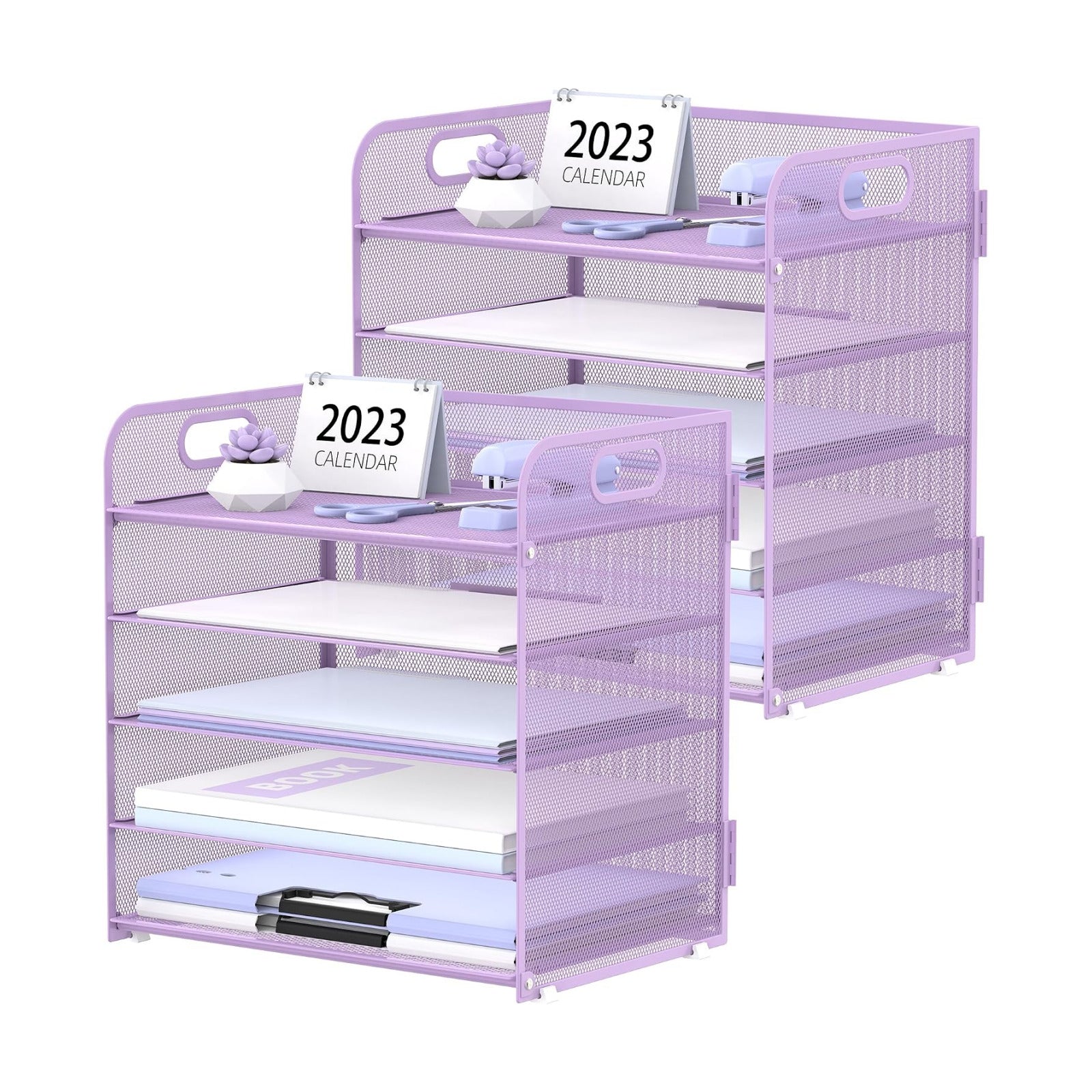 2 Pack 5-Tier Purple Desk Organizer with Handle Mesh Desk File/Paper Organizer Letter Tray for Office, School and Home