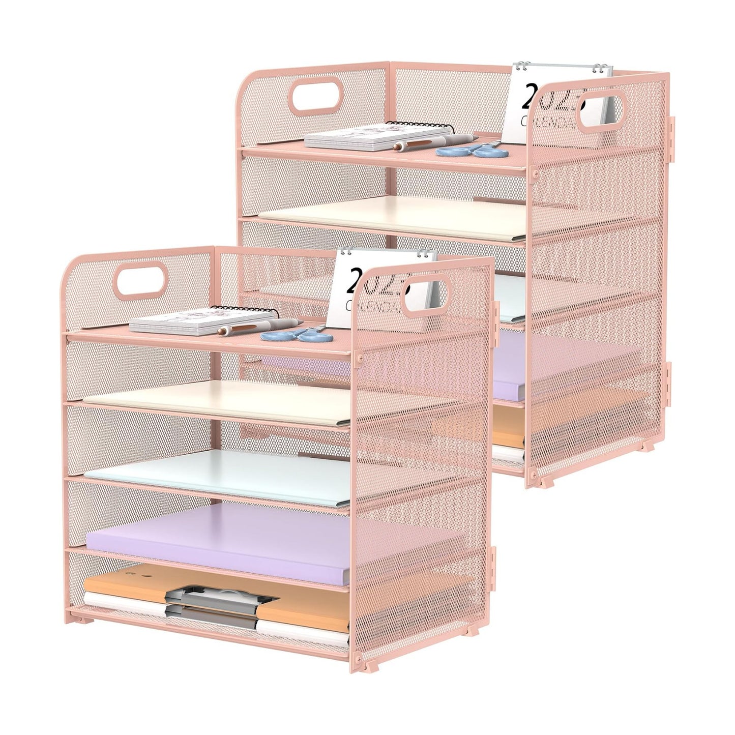 2 Pack 5-Tier Pink Desk Organizer with Handle Mesh Desk File/Paper Organizer Letter Tray for Office, School, Classroom