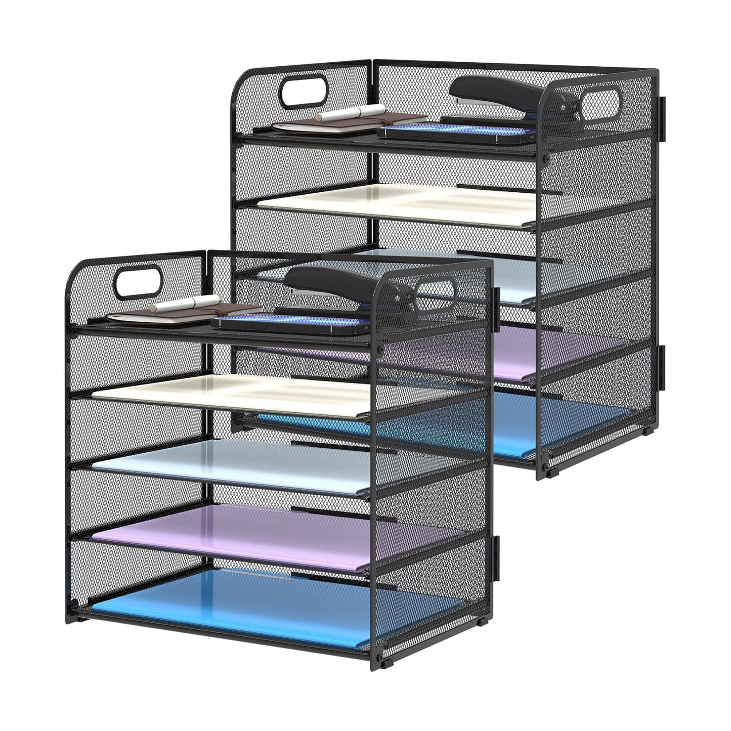 2 Pack 5-Tier Desk Organizer with Handle Mesh Desk File/Paper Organizer Letter Tray for Office, School, Classroom and