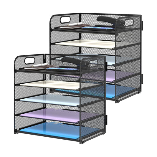 2 Pack 5-Tier Desk Organizer with Handle Mesh Desk File/Paper Organizer Letter Tray for Office, School, Classroom and