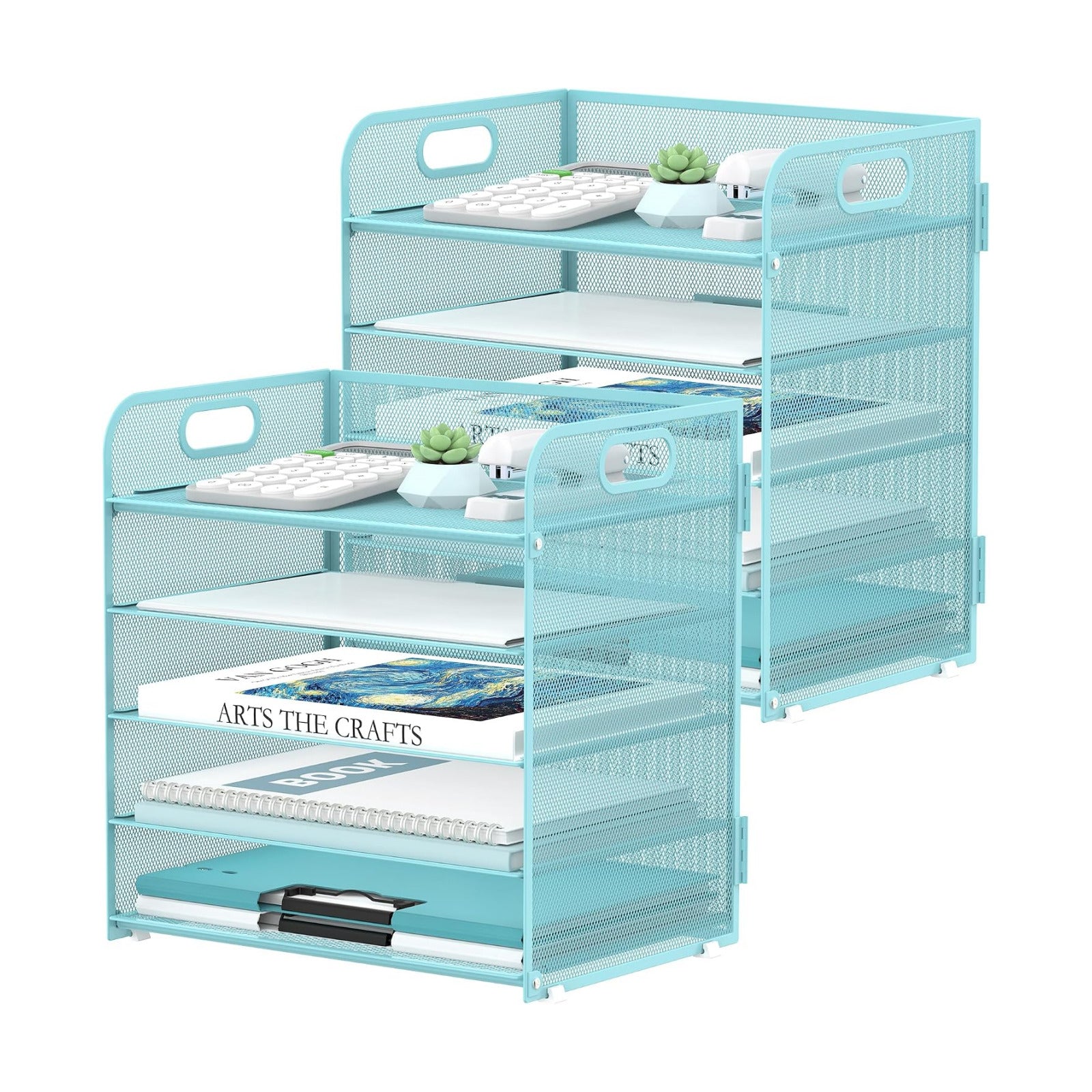 2 Pack 5-Tier Blue Desk Organizer with Handle Mesh Desk File/Paper Organizer Letter Tray for Office, School and Home