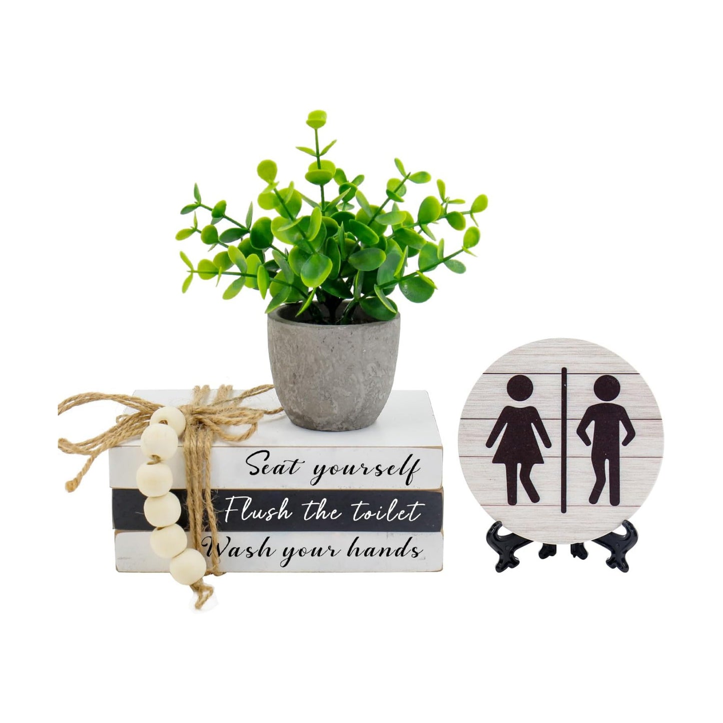 Fake Plants / Book Stack and 3D Round Signs / Flush The Toilet