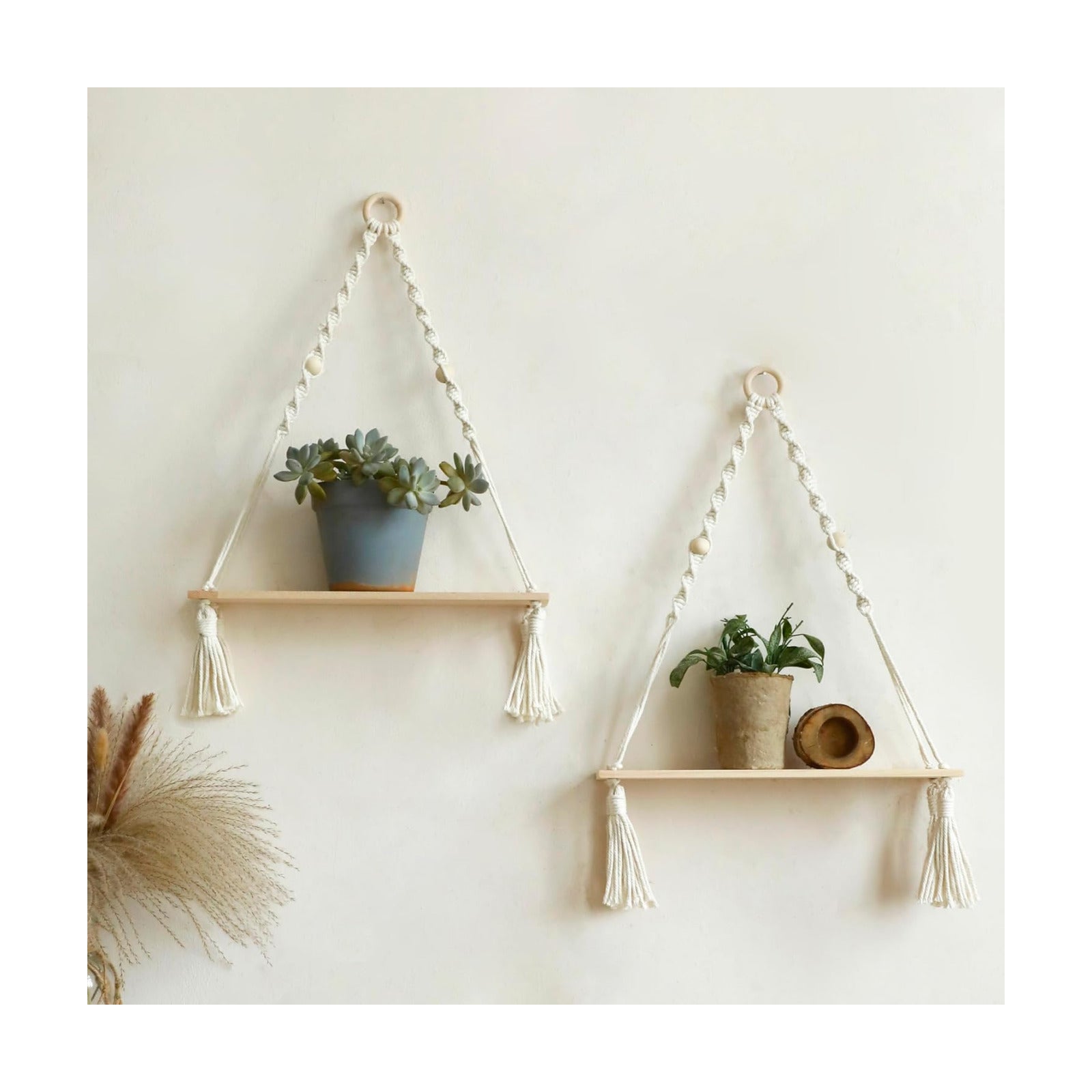 Wooden Wall Hanging Shelves / Beige Macrame / Set of 2