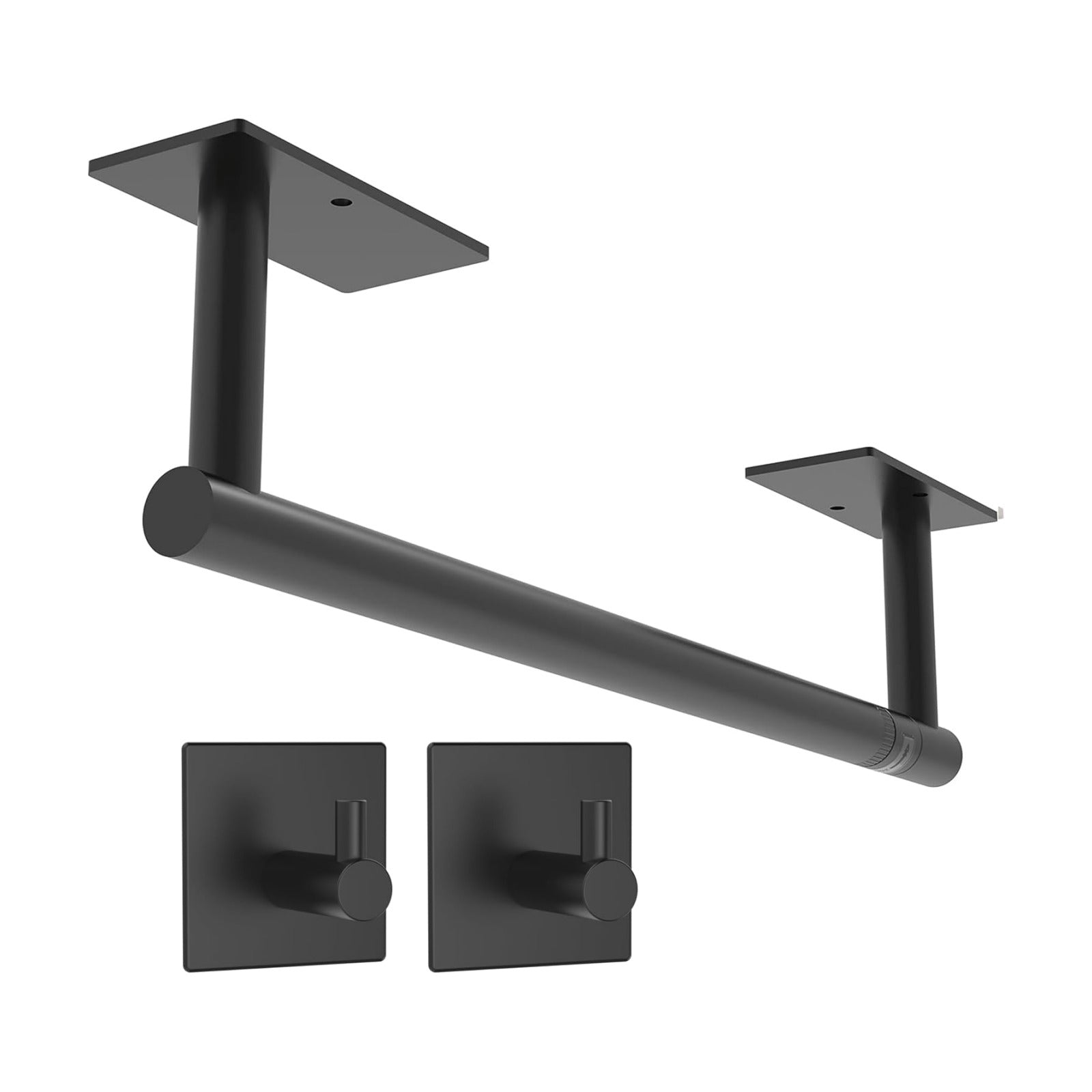 Black Paper Towel Holder Under Cabinet with 2 Hooks Self Adhesive | 304 Stainless Steel Post Pivoting Design Wall