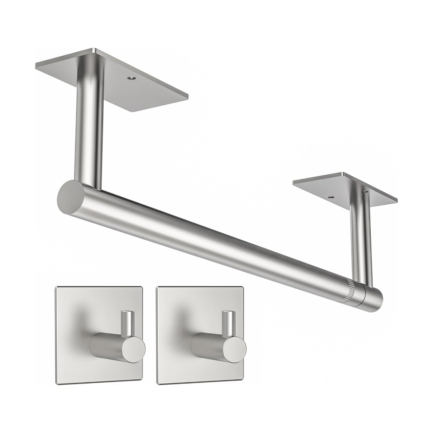 Paper Towel Holder Under Cabinet with 2Hooks Self Adhesive Silver | Brushed Nickel 304 Stainless Steel Post Pivoting