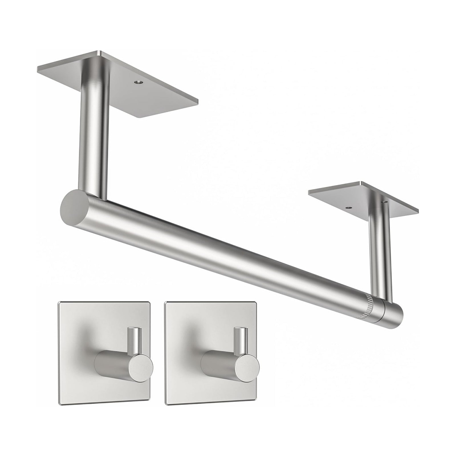Paper Towel Holder Under Cabinet with 2Hooks Self Adhesive Silver | Brushed Nickel 304 Stainless Steel Post Pivoting
