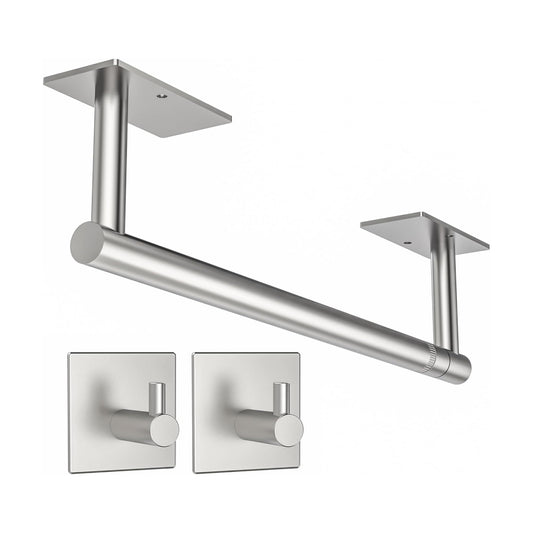 Paper Towel Holder Under Cabinet with 2Hooks Self Adhesive Silver | Brushed Nickel 304 Stainless Steel Post Pivoting