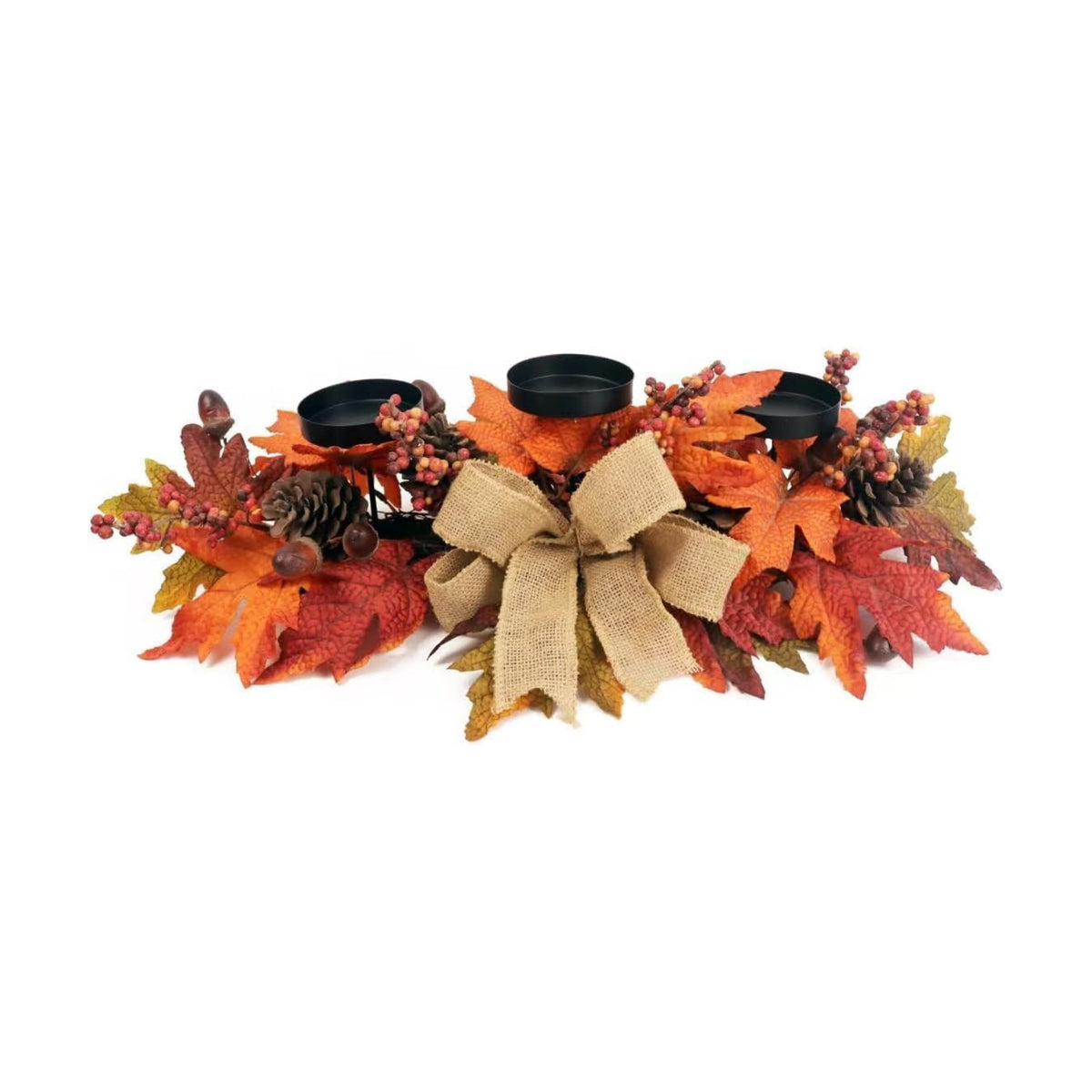Fall Candle Holder Centerpiece with Maple Leaves, Pinecones, Berries & Burlap Bow,Thanksgiving Table Centerpiece Decoration for Dining Table, Mantel & Autumn Harvest Home Décor