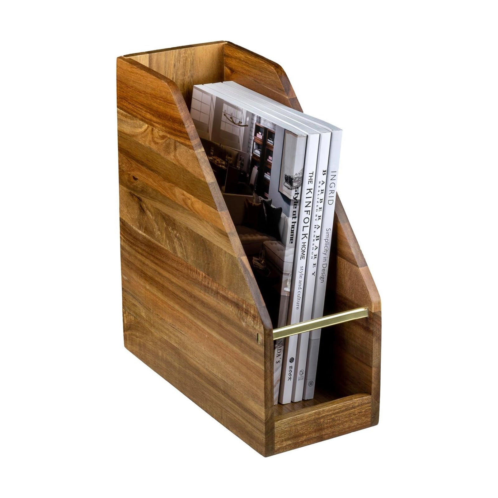 MyGift Premium Hotel Series Solid Acacia Wood Desktop Magazine File Holder Bin with Brass Tone Metal Accent, Vertical