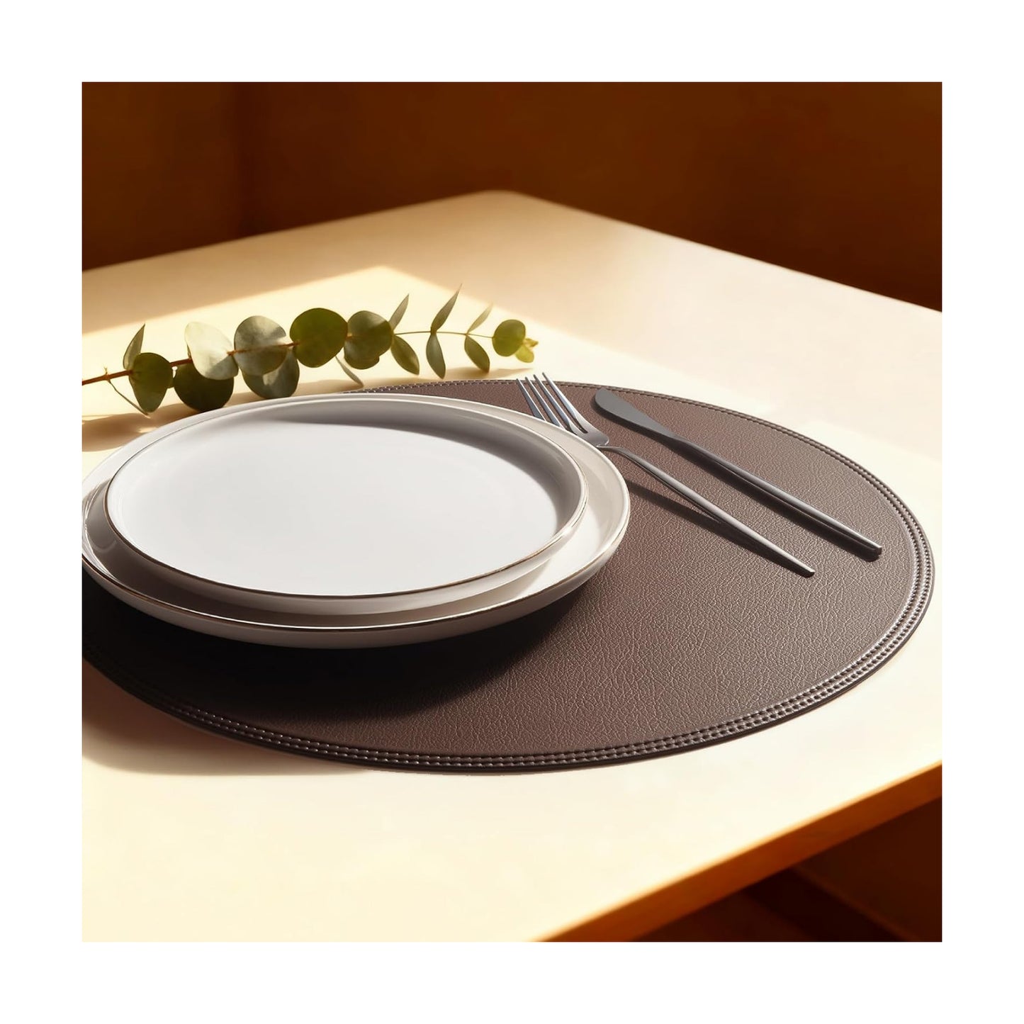 Round Vinyl Brown Placemats Set of 6, Faux Leather Waterproof Wipeable Heat Resistant Place Mats, Washable Table Mats