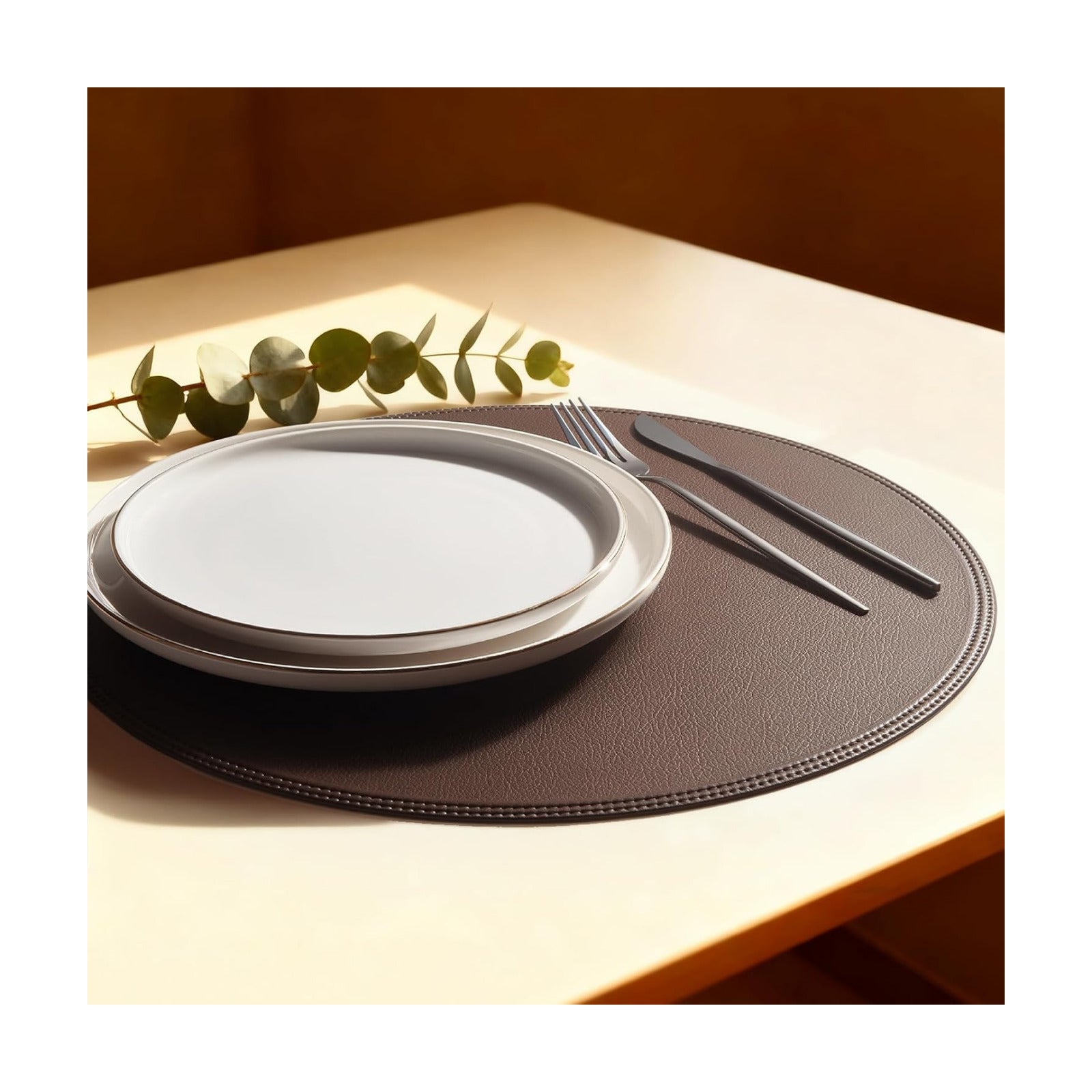 Round Vinyl Brown Placemats Set of 6, Faux Leather Waterproof Wipeable Heat Resistant Place Mats, Washable Table Mats